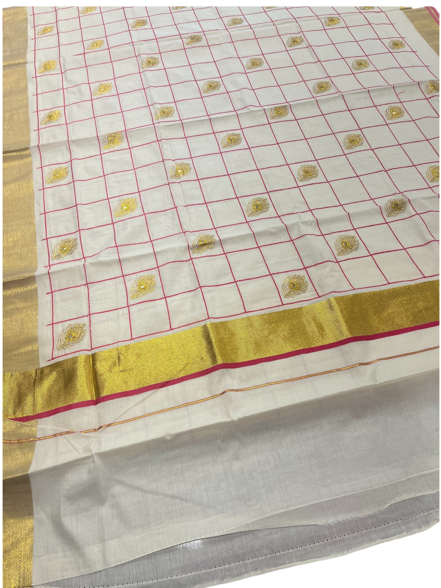 Southloom Kerala Cotton Saree with Pink and Golden Peacock feather Embroidery Works
