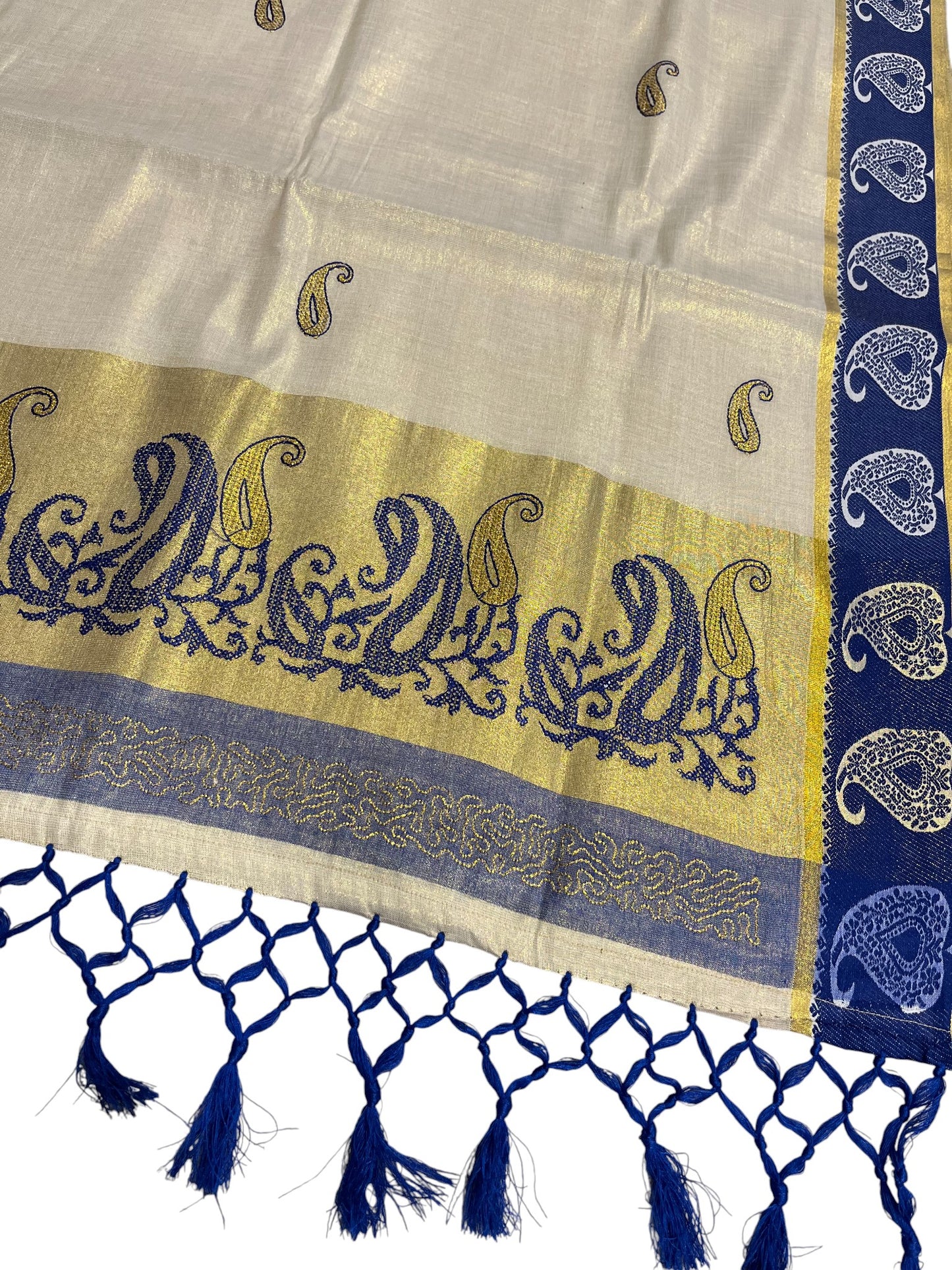Southloom Kerala Tissue Kasavu Plain Saree with Blue Floral Embroidery Works