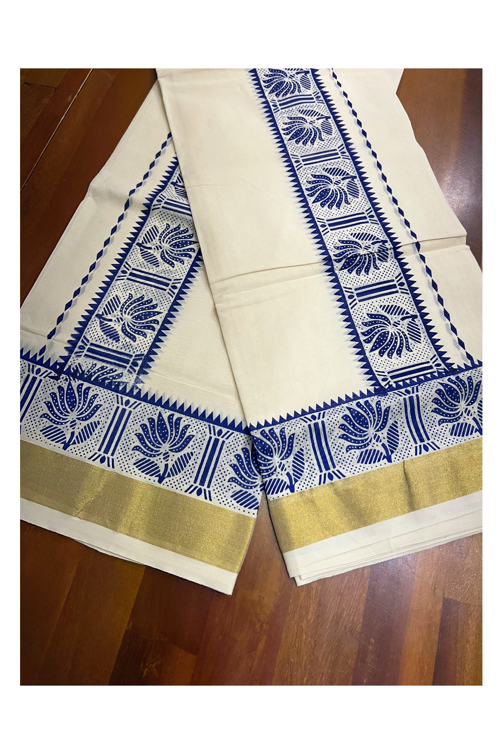 Kerala Cotton Single Set Mundu (Mundum Neriyathum) with Blue Block Prints and Kasavu Border - 2.80Mtrs