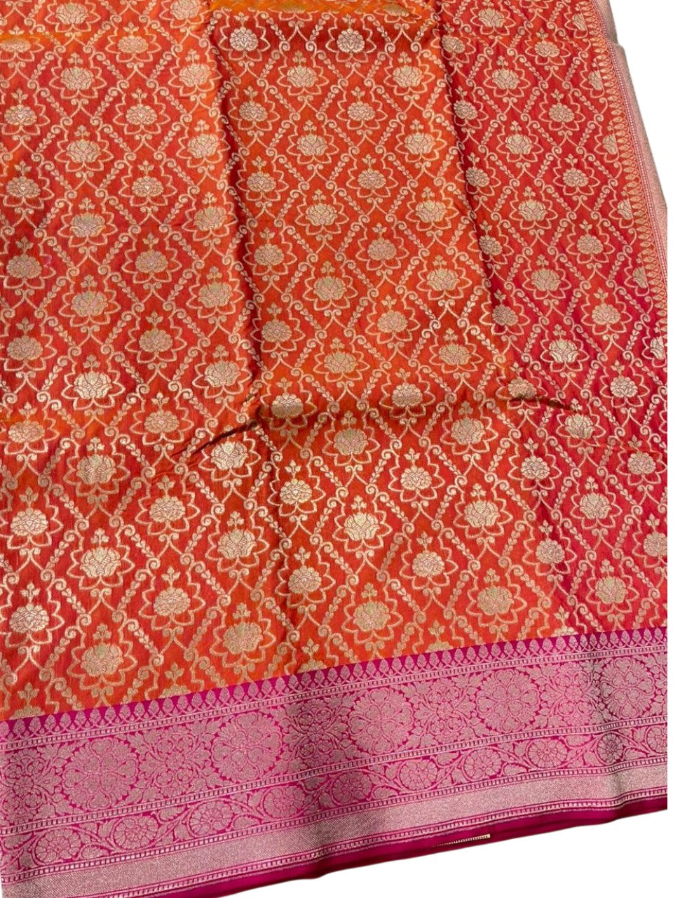Southloom Pure Banarasi Silk Saree with Woven Work on Body and Borders (Orange And Pink)