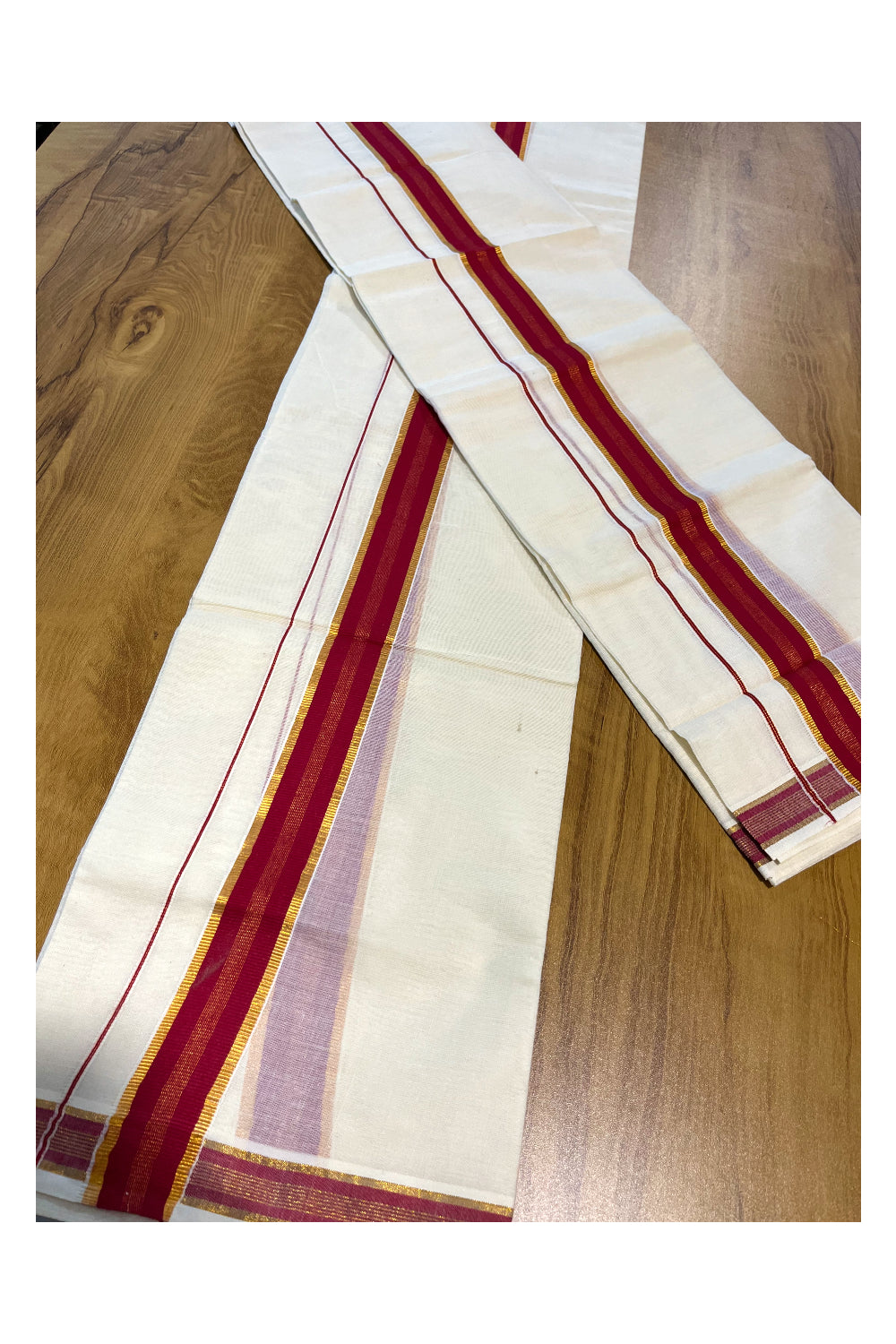 Kerala Cotton Mundum Neriyathum Single (Set Mundu) with Maroon and Kasavu Border