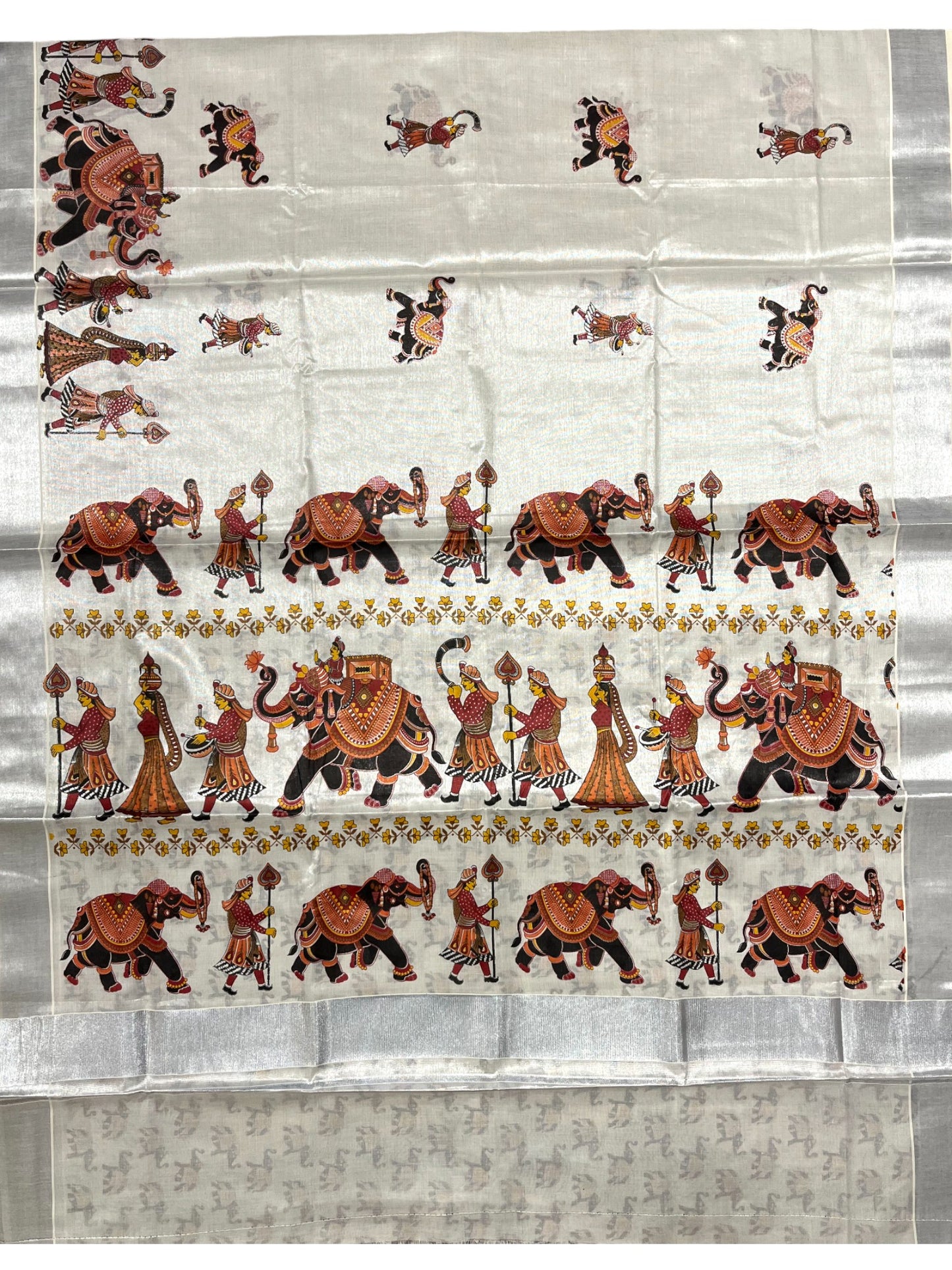 Southloom Kerala Tissue Silver Kasavu Saree With Mural Festival Parasol and Elephant Design