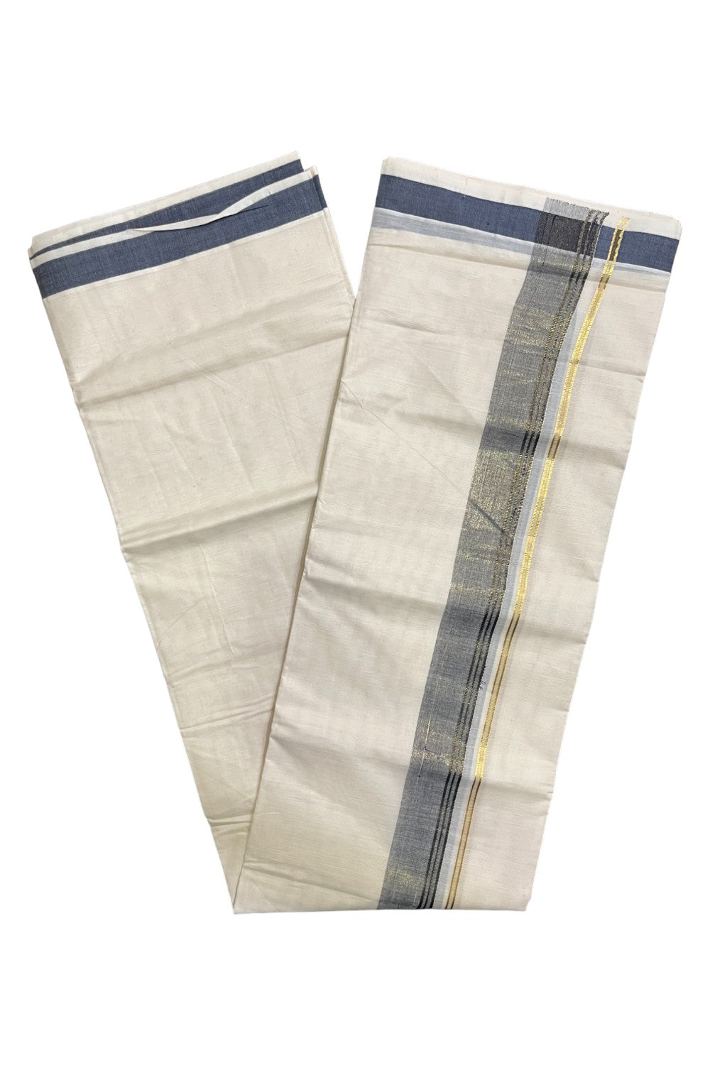 Off White Kerala Cotton Double Mundu with Kasavu and Navy Blue Border (South Indian Kerala Dhoti)