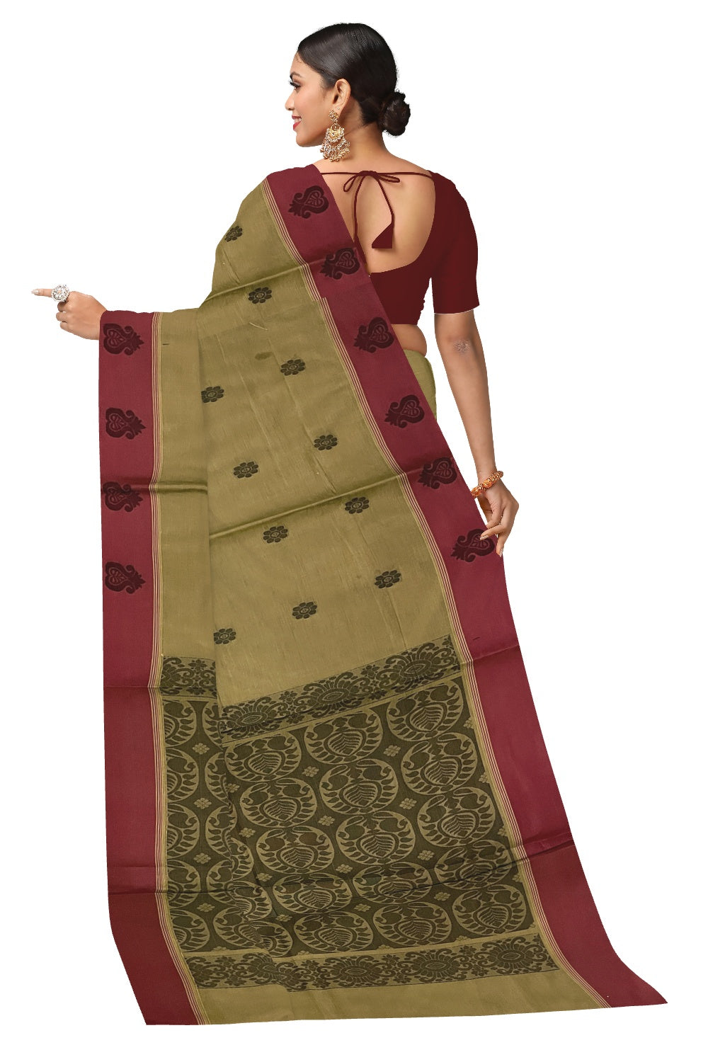 Southloom Cotton Green Saree with Dark Red Floral Woven Border