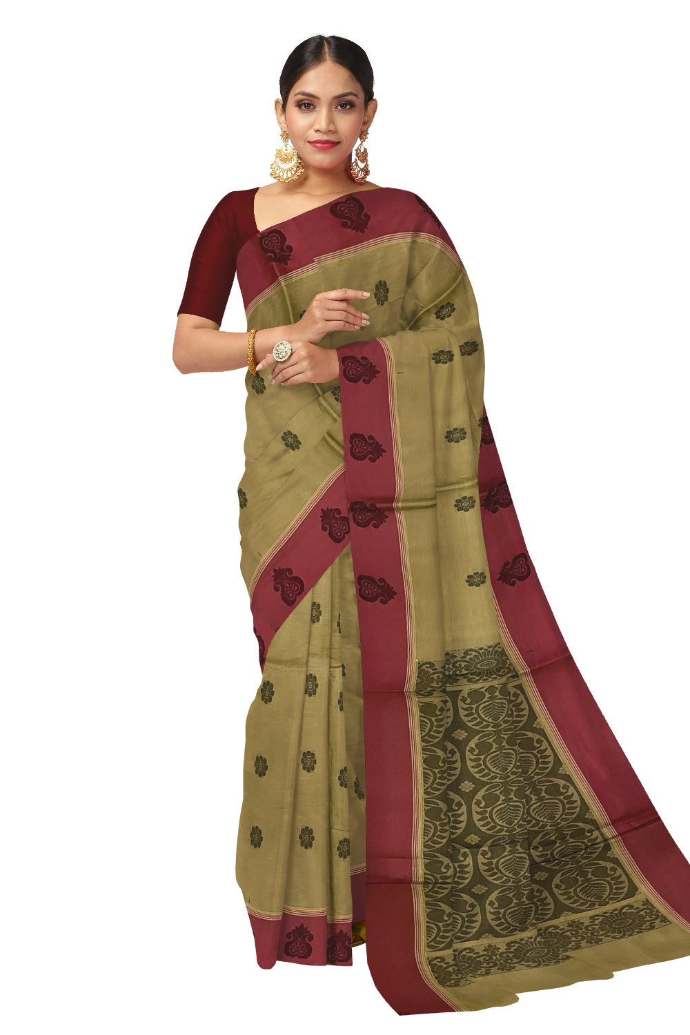 Southloom Cotton Green Saree with Dark Red Floral Woven Border