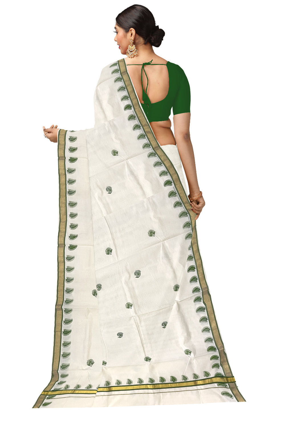 Pure Cotton Kerala Kasavu Saree with Green Floral Block Printed Design