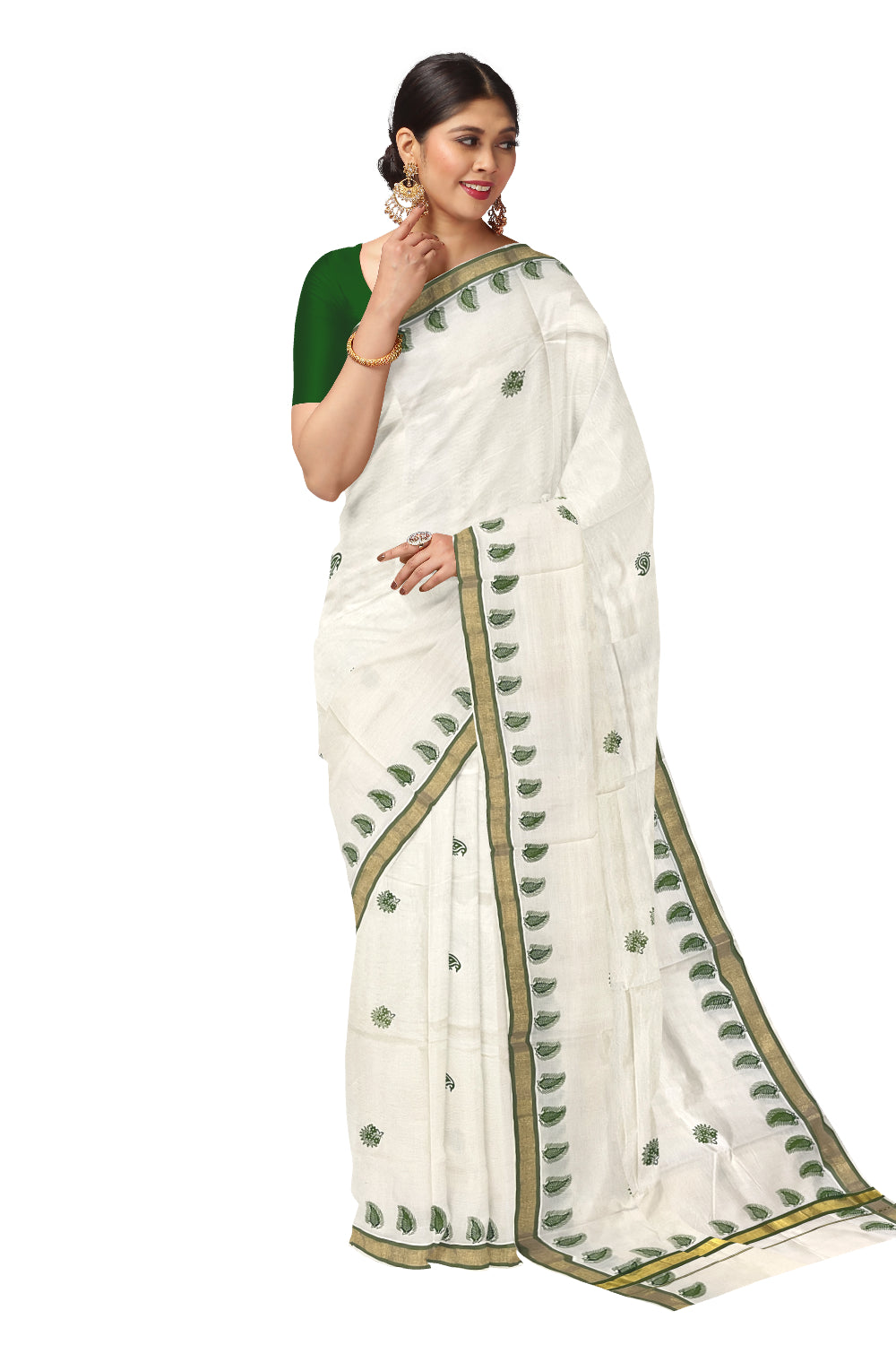 Pure Cotton Kerala Kasavu Saree with Green Floral Block Printed Design