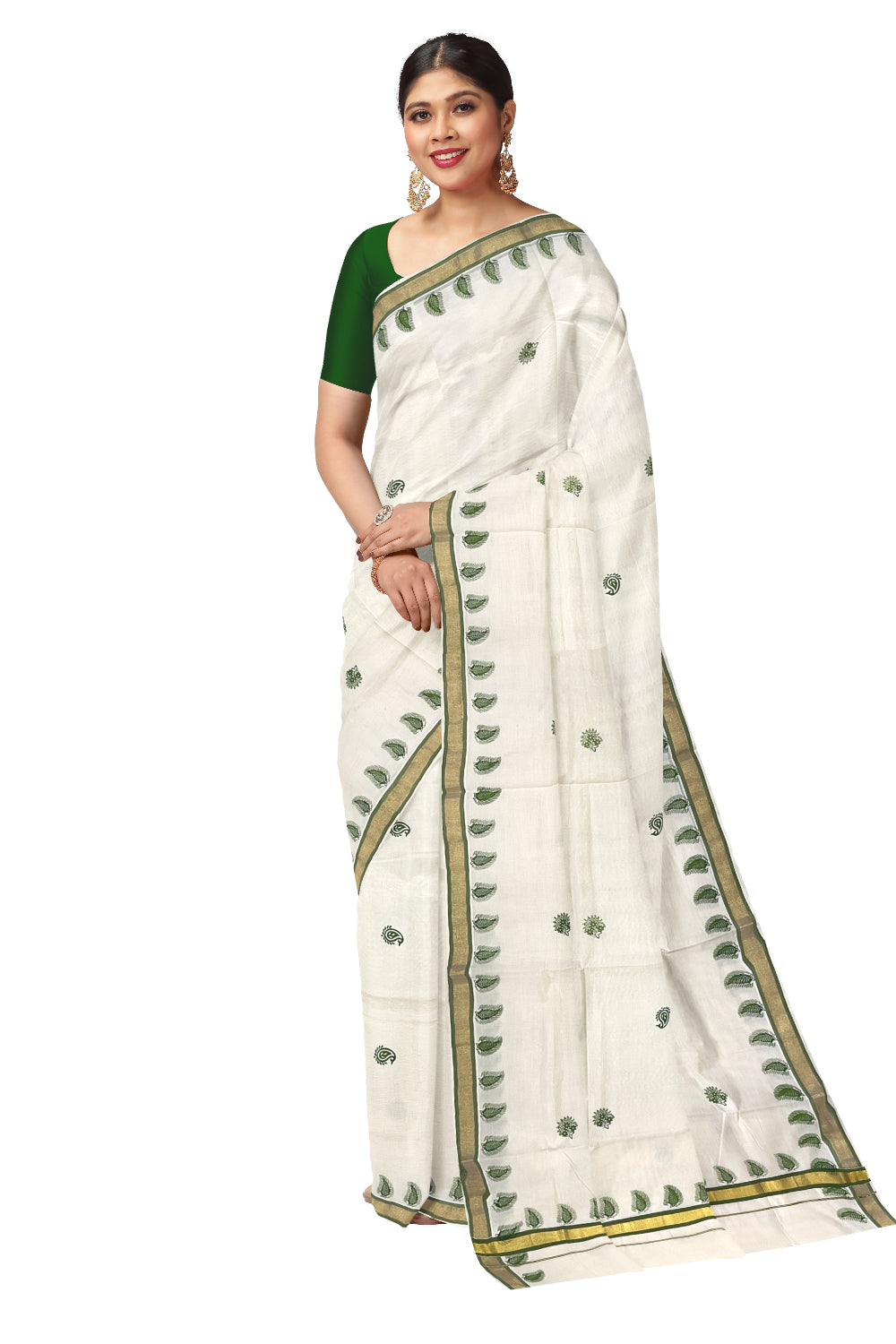 Pure Cotton Kerala Kasavu Saree with Green Floral Block Printed Design