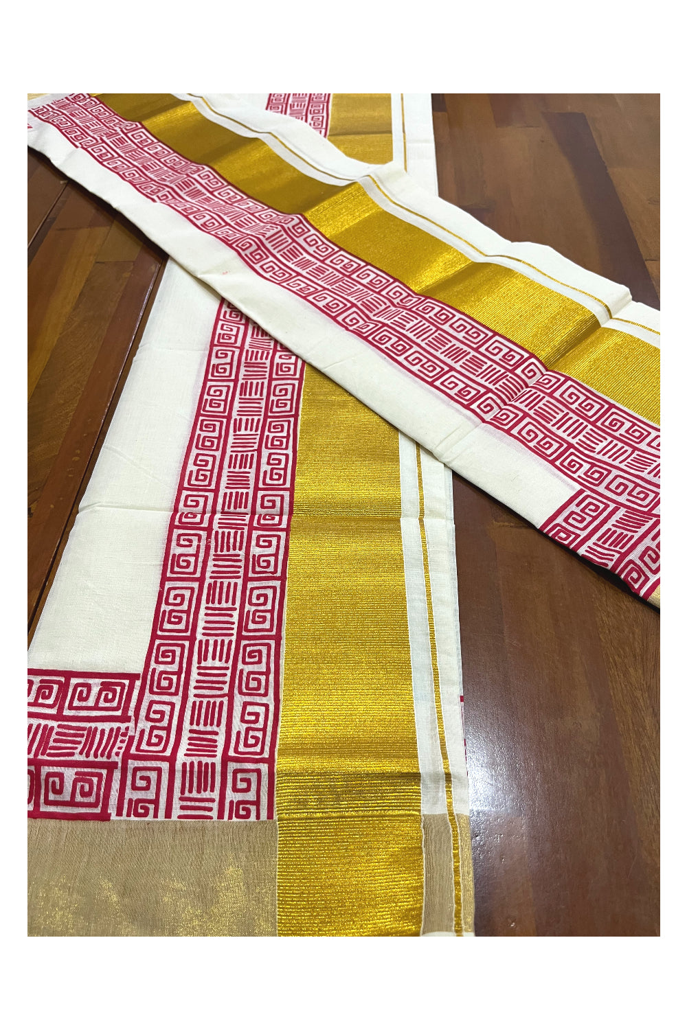 Pure Cotton Kerala Single Set Mundu (Mundum Neriyathum) with Red Block Printed Kasavu Border