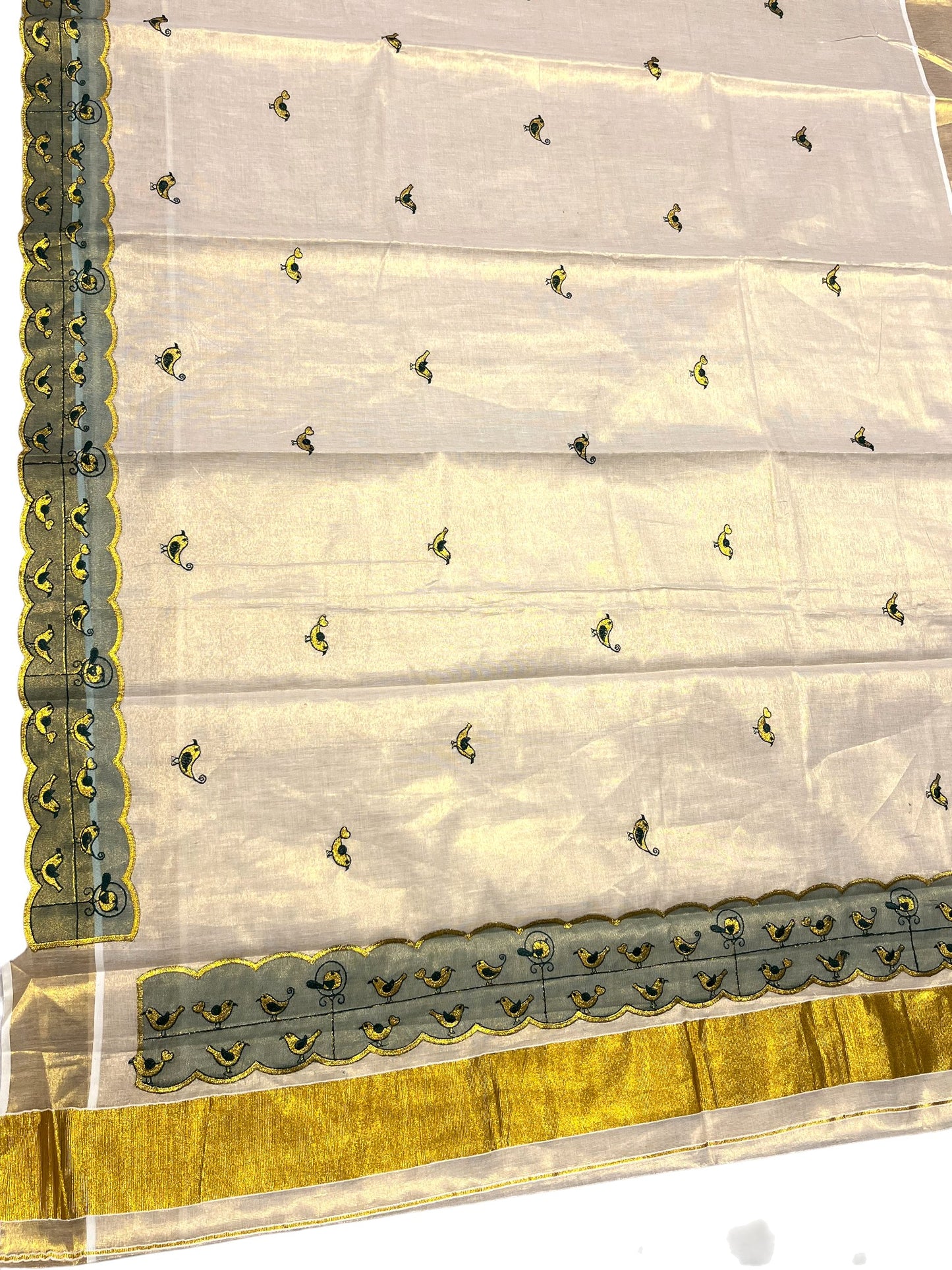 Southloom Tissue Kerala Kasavu Saree with Embroidery Design