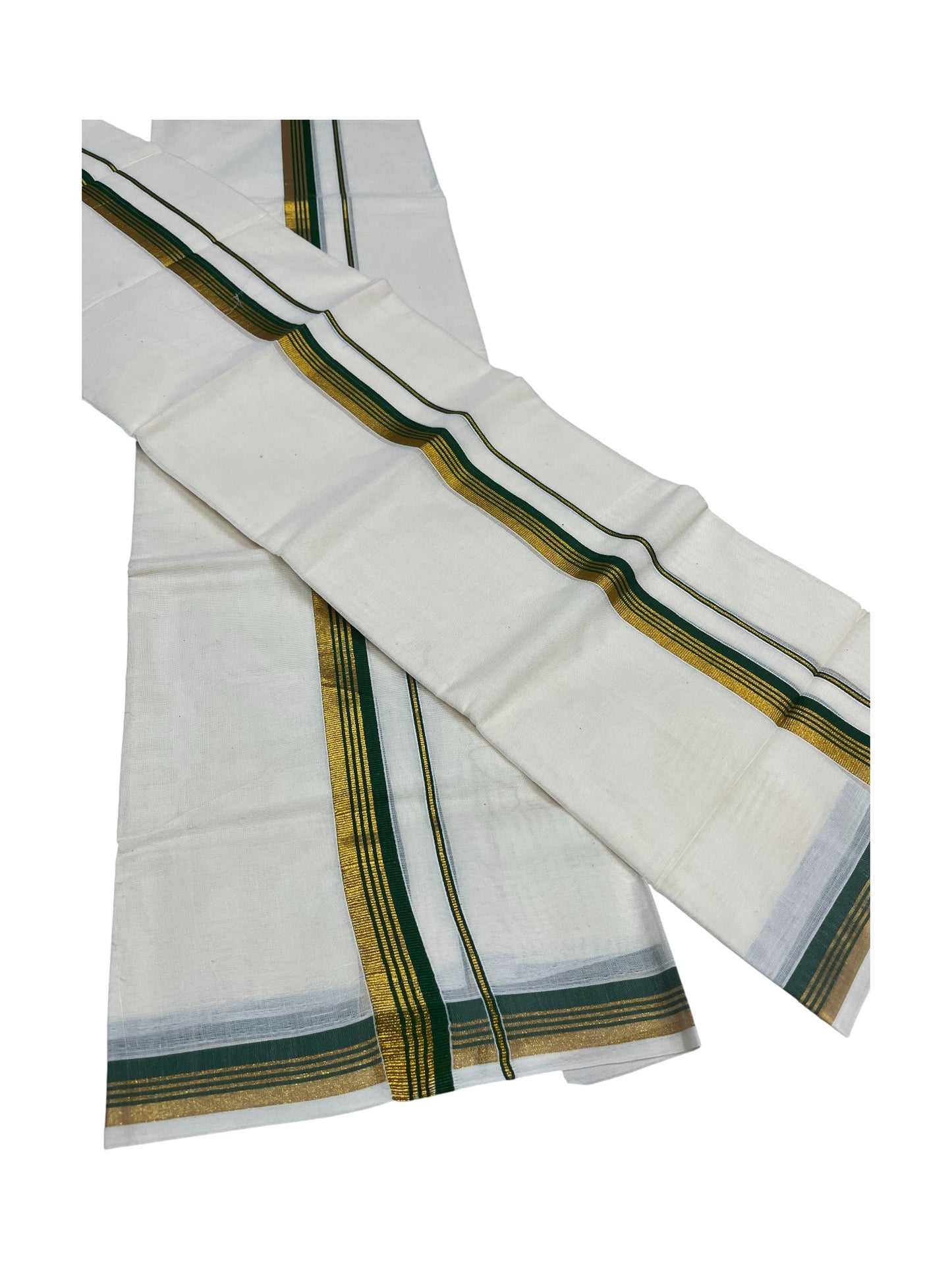 Pure Cotton Kerala Single Set Mundu (Mundum Neriyathum) with Green Kasavu Border in 2.80 Mtrs