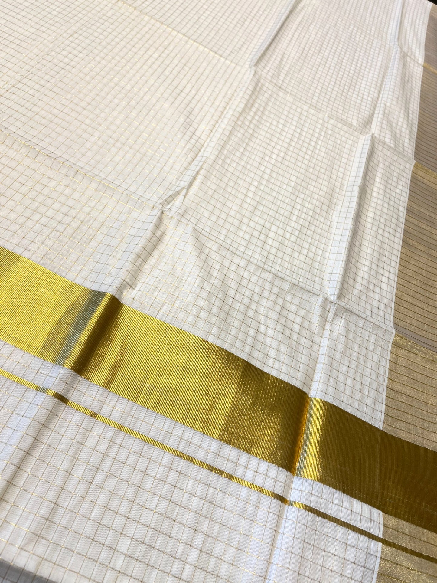 Southloom Pure Cotton Kerala Kasavu Check Design Saree