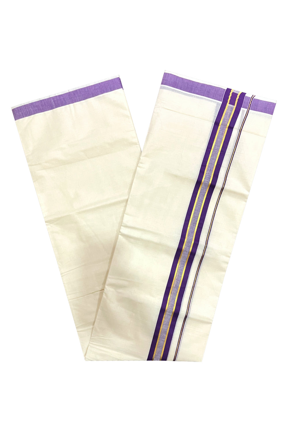 Kerala Pure Cotton Double Mundu with Violet and Kasavu Border (South Indian Kerala Dhoti)