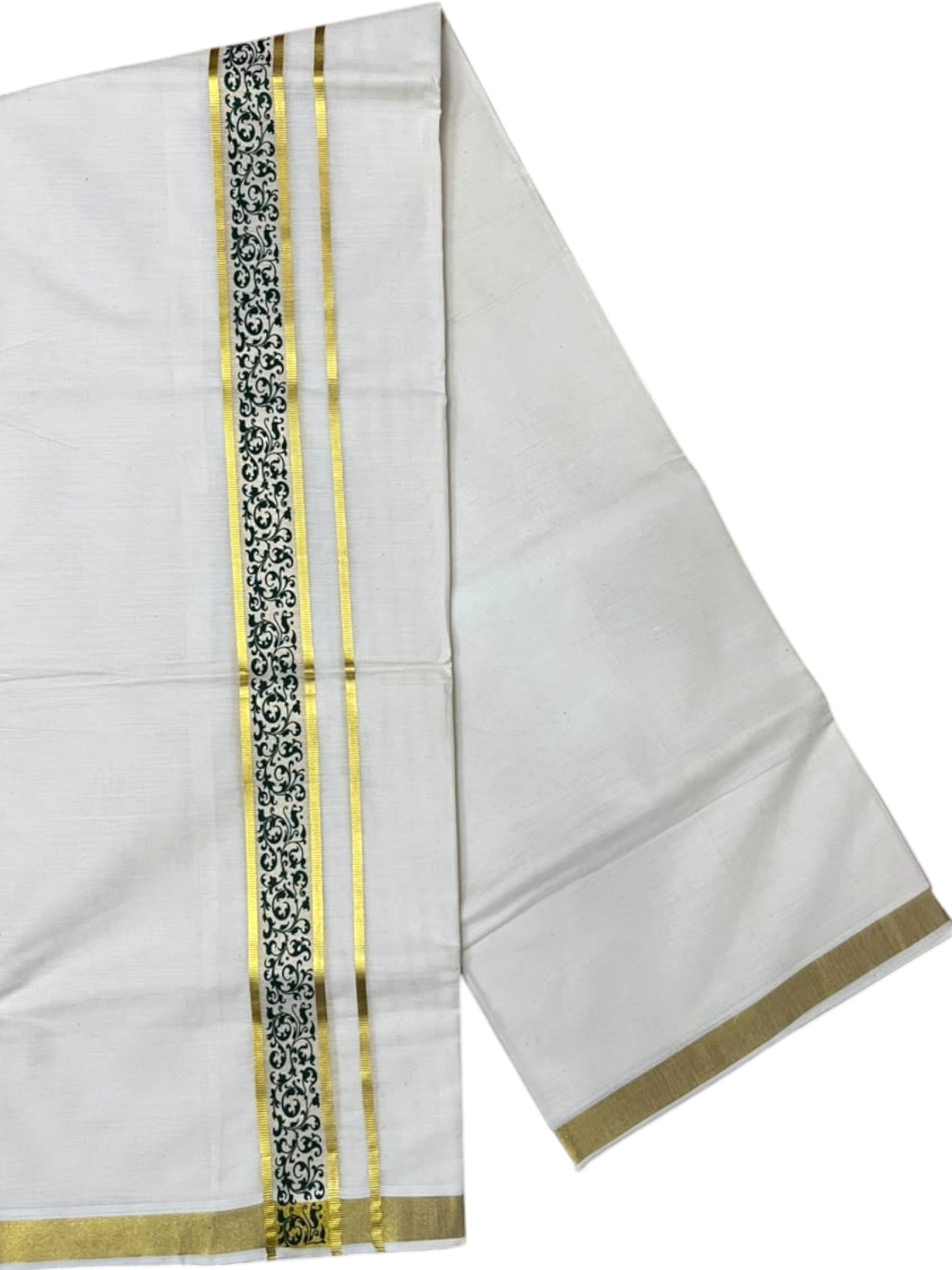 Southloom Pure Cotton Double Mundu with Green Block Printed And Ksavu Border (South Indian Kerala Dhoti)