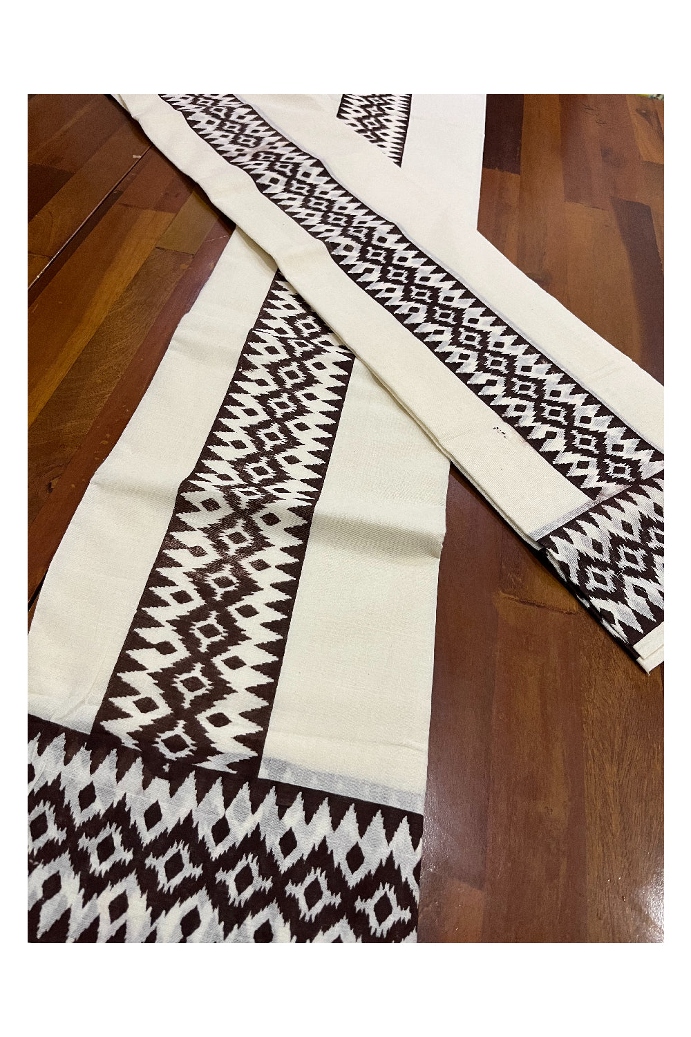 Cotton Kerala Single Set Mundu with Brown Block Printed Border