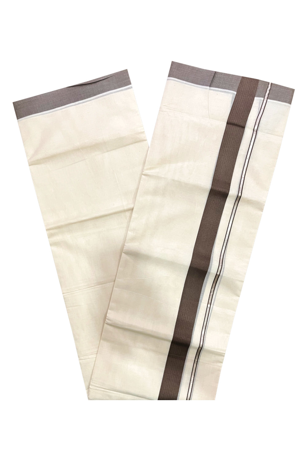 Pure Cotton Double Mundu with Silver Kasavu and Brown Border (South Indian Kerala Dhoti)