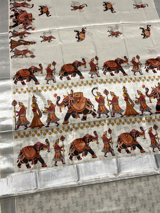 Southloom Kerala Tissue Silver Kasavu Saree With Mural Festival Parasol and Elephant Design