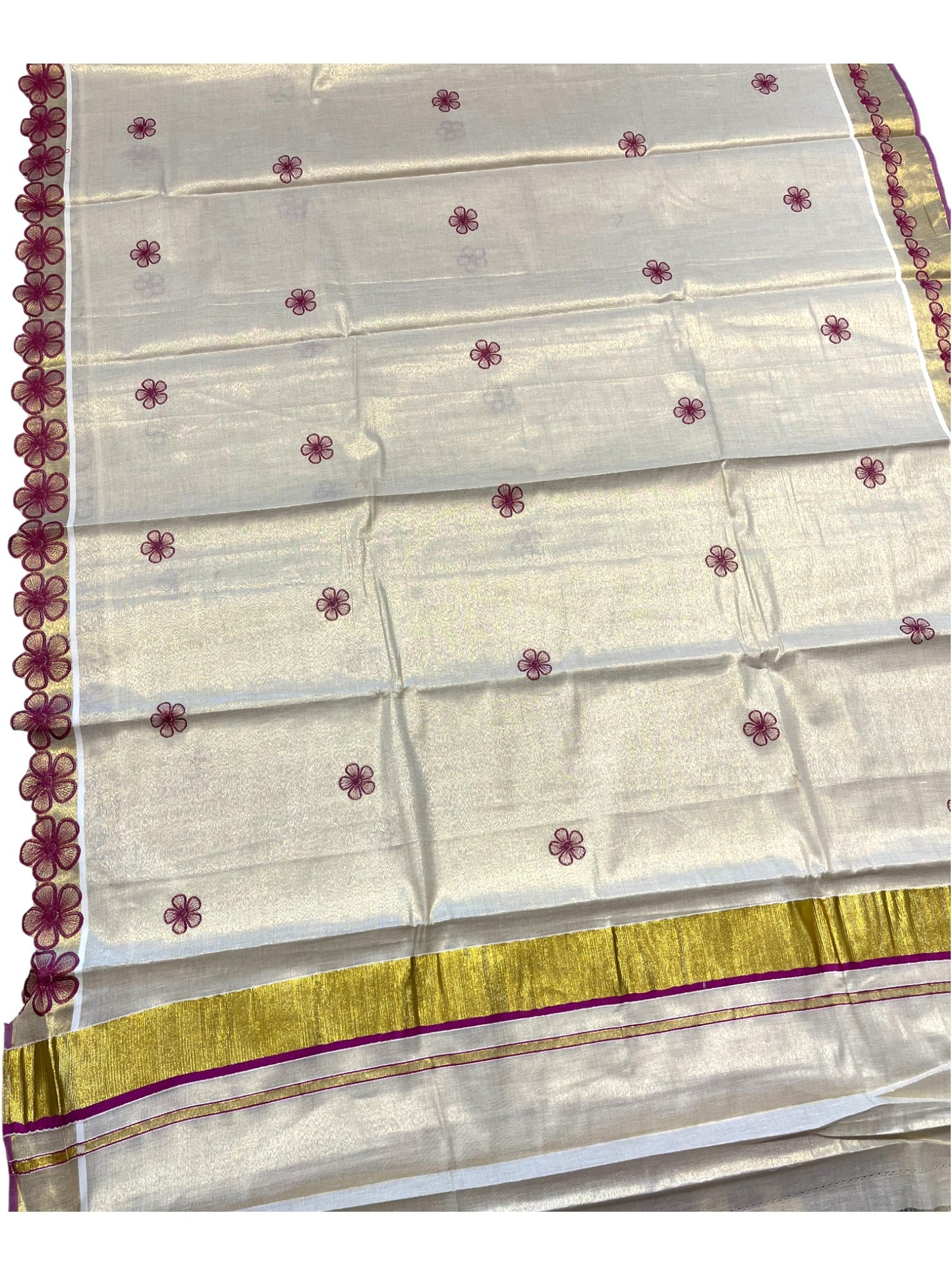 Southloom Kerala Tissue Kasavu Saree with Magenta Floral Embroidery on Body and  Border
