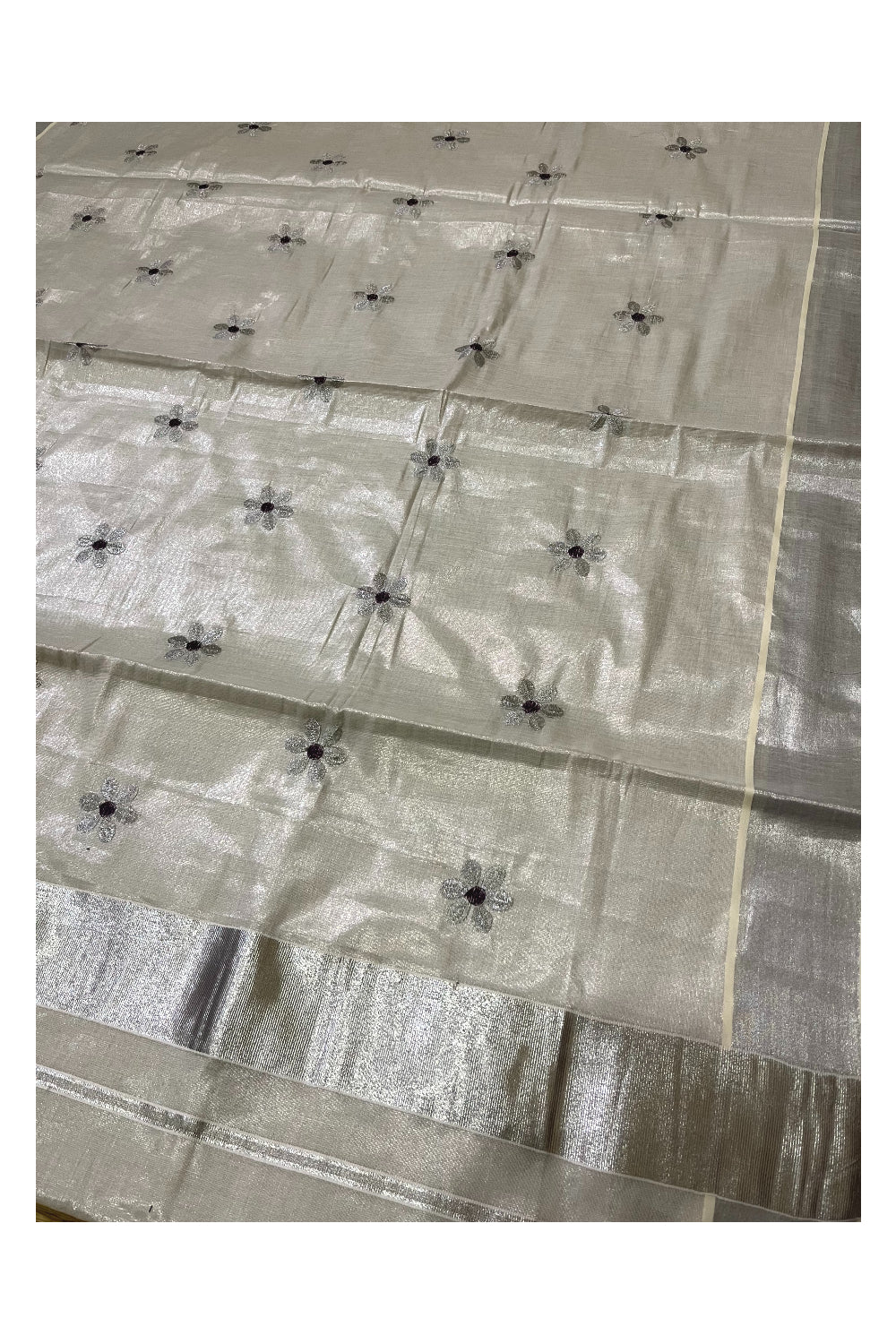 Kerala Silver Tissue Kasavu Saree with Floral Embroidery Works on Body and Purple Blouse Piece