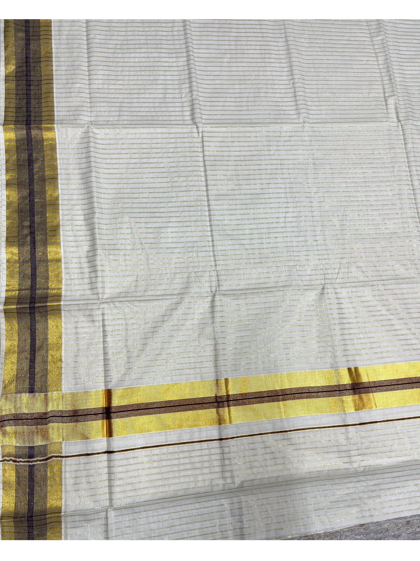 Southloom Pure Cotton Kerala Kasavu Lines Design Saree with Brown Border