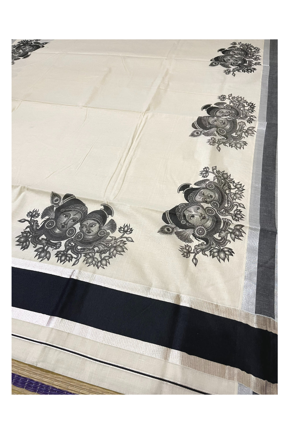 Pure Cotton Kerala Silver Kasavu Saree with Krishna Radha Face Mural Prints and Black Border (Onam Saree 2023)