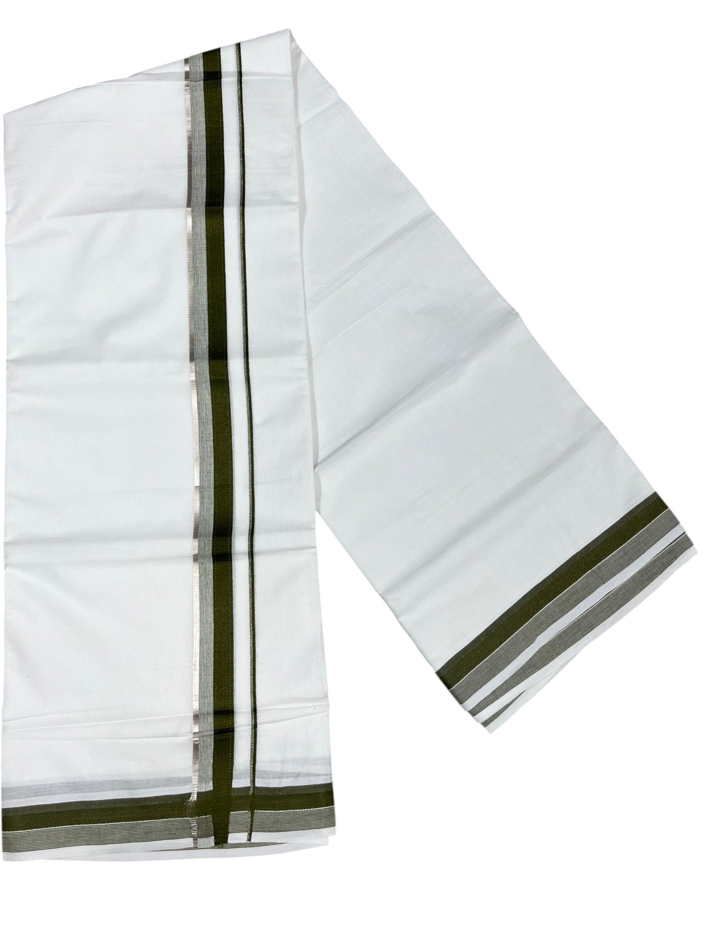 Southloom Pure White Cotton Mundu with Silver Line & Olive Green Border (South Indian Kerala Dhoti)
