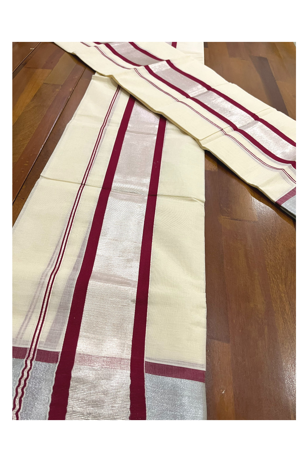 Kerala Cotton Mundum Neriyathum Single (Set Mundu) with Silver Kasavu and Maroon Border 2.80 Mtrs