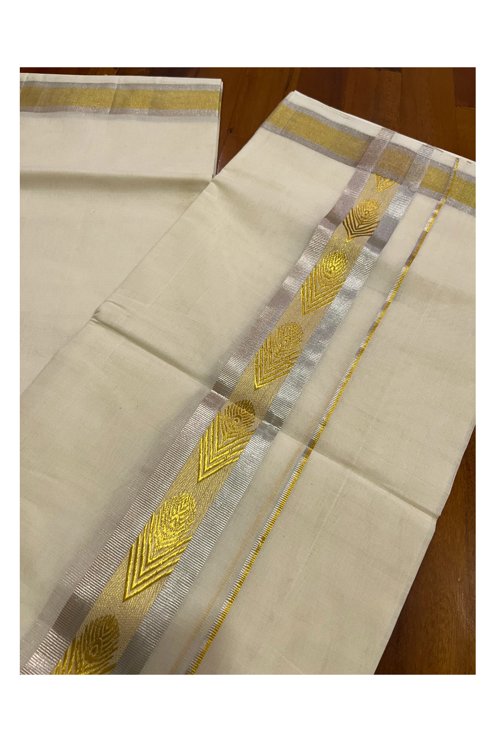 Southloom Premium Handloom Cotton Mundu with Silver and Golden Kasavu Woven Border (Onam Mundu 2023)