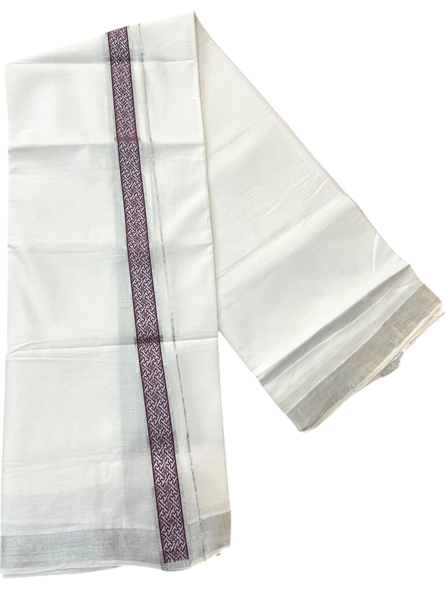 Southloom Pure White Cotton Mundu with Purple and Silver Kasavu Border (South Indian Kerala Dhoti)