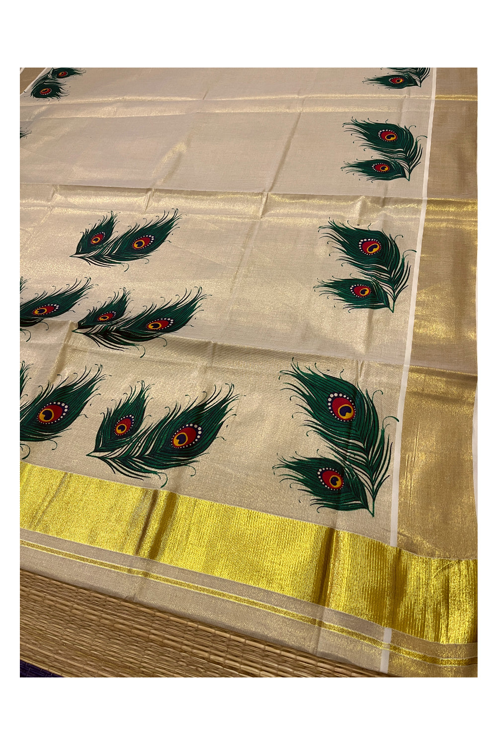 Kerala Tissue Kasavu Saree with Feather Mural Prints on Border and Pallu