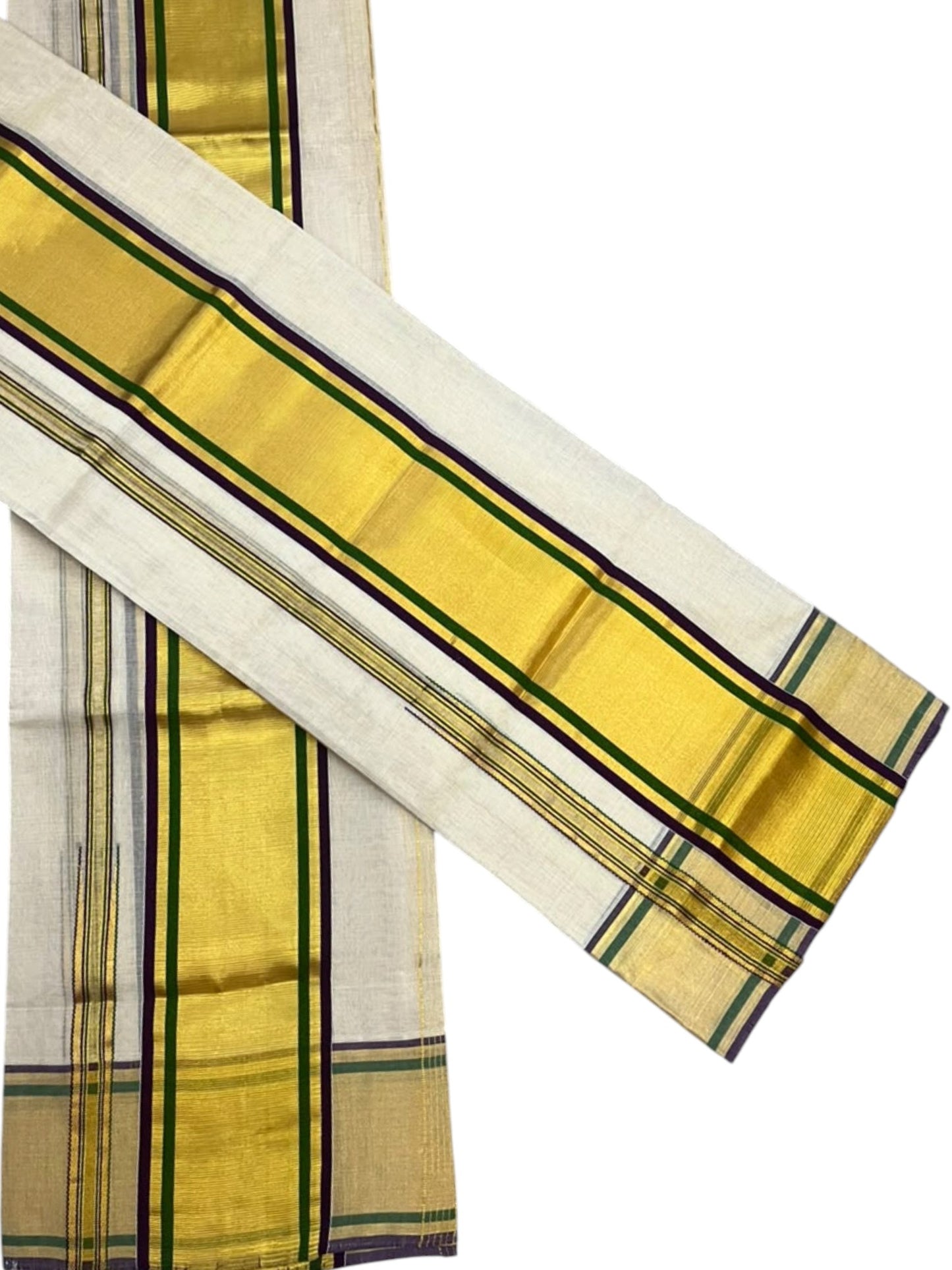 Southloom Premium Tissue Strips Handloom Set Mundu with Purple & Green Lines And Kasavu Border (2.80 Mtr) SL632