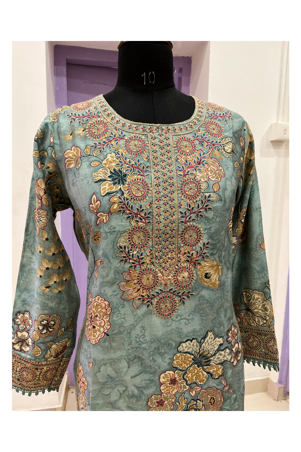 Southloom Stitched Semi Silk Blue Salwar Set with Heavy Thread Works in Yoke