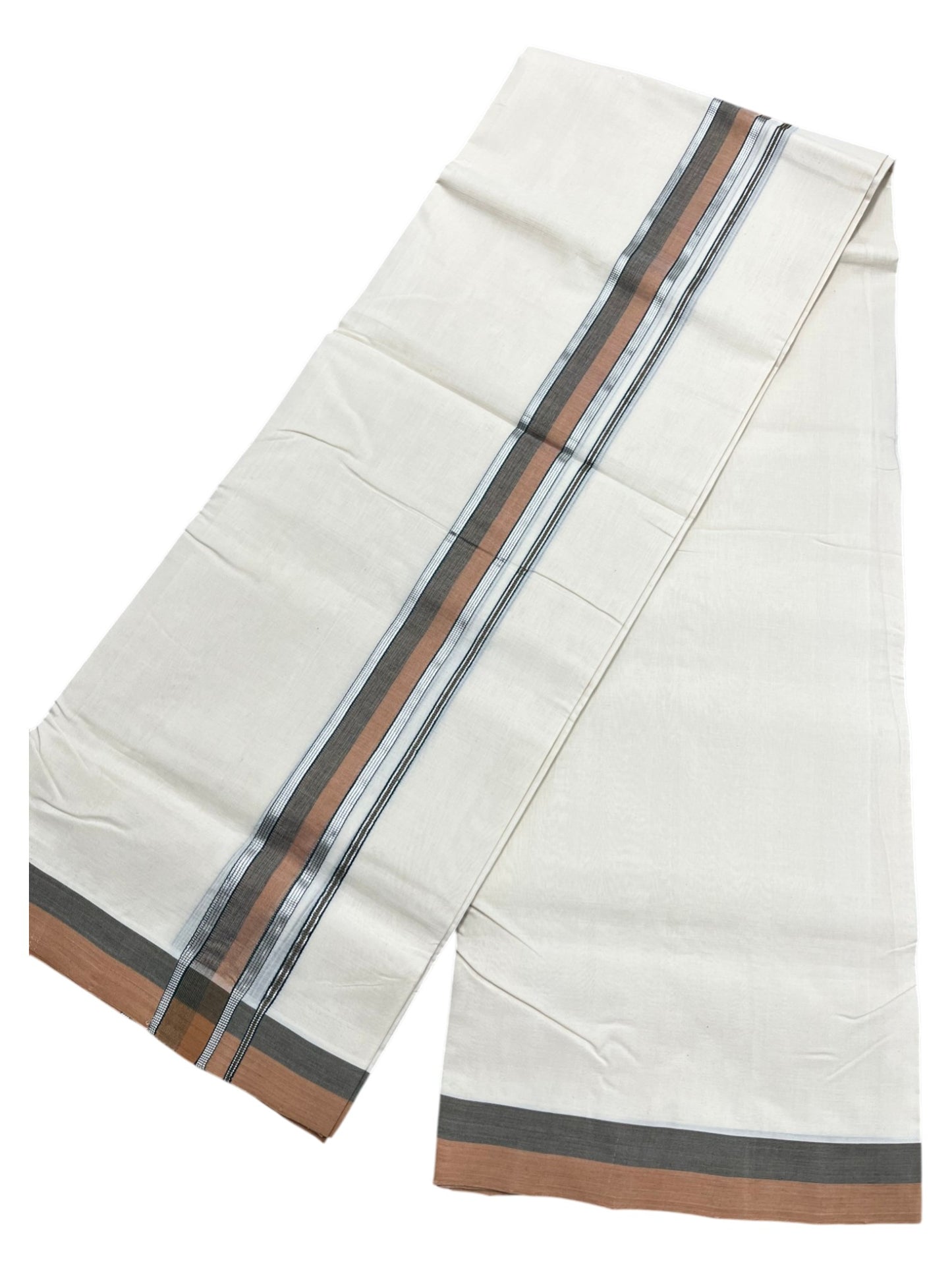 Southloom Premium Handloom Cotton Double Mundu with Brown and Green Kasavu Border