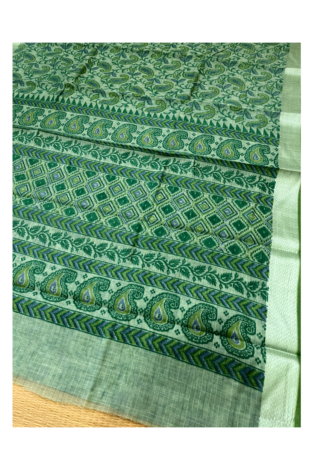 Southloom Cotton Green Paisley Printed Saree