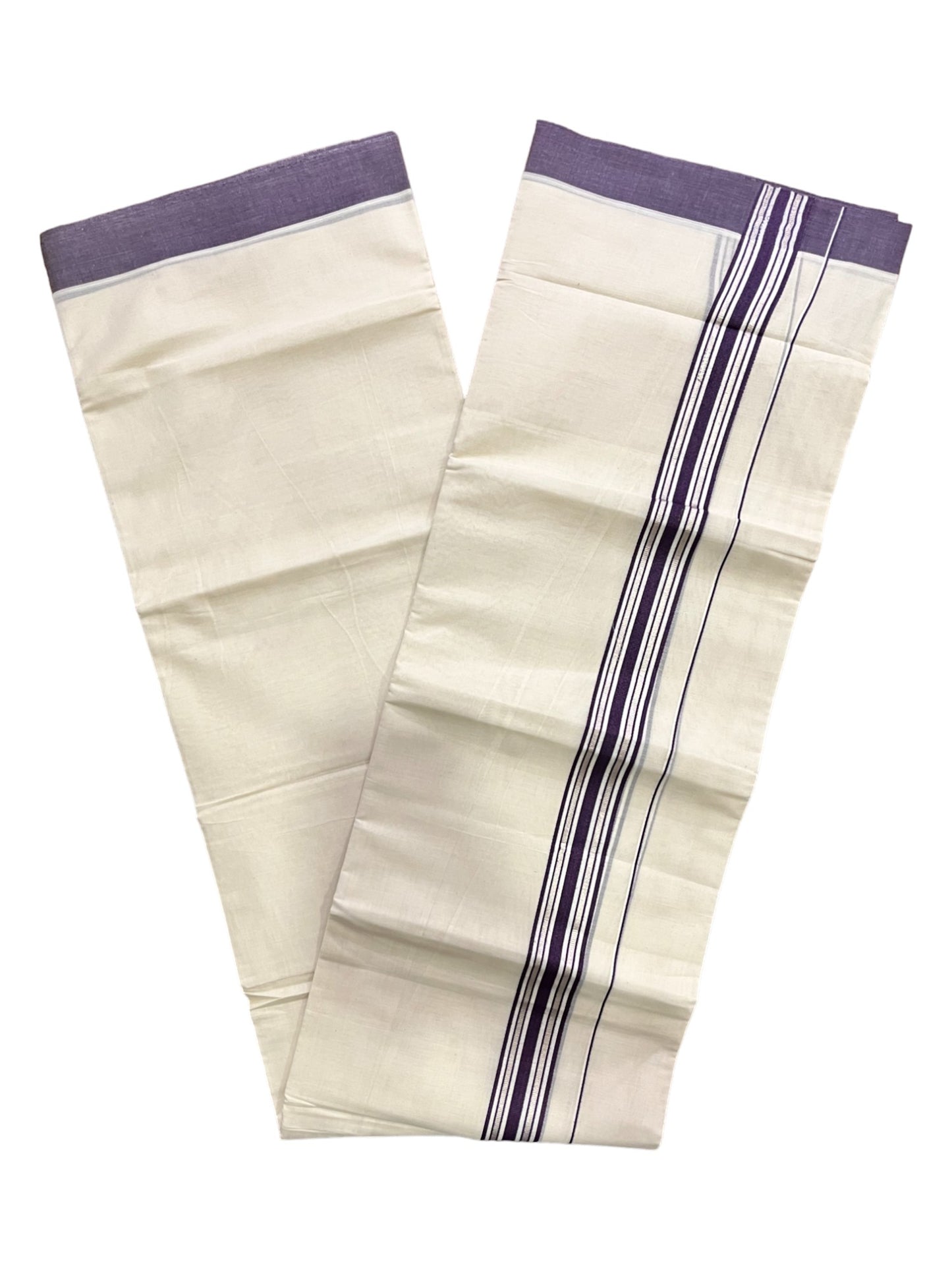 Kerala Pure Cotton Double Mundu with Silver Kasavu and Purple Border (Vishu 2024 Collection)