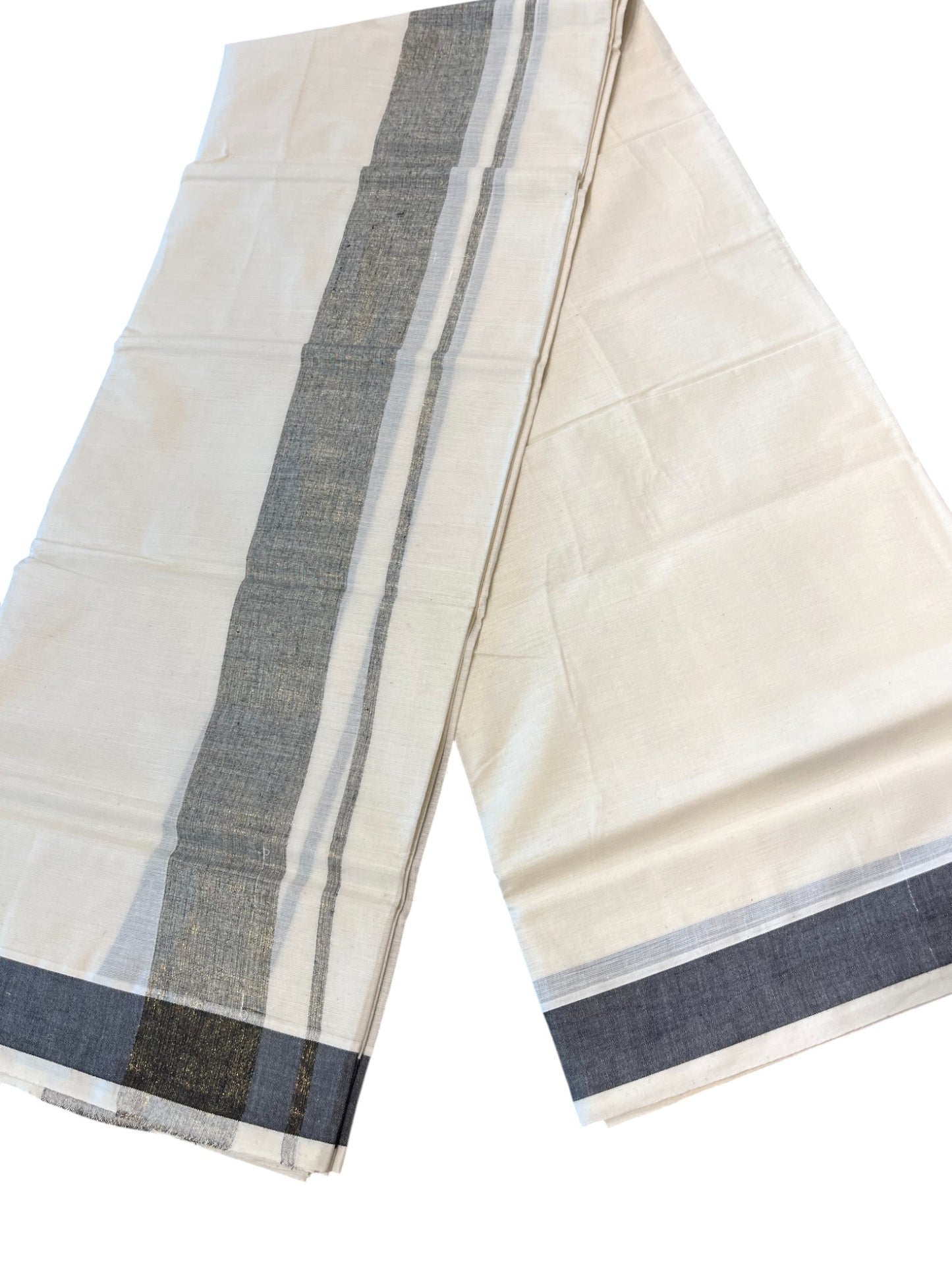 Southloom Kerala Pure Cotton Double Mundu with Grey Lines & Black Border (South Indian Dhoti)