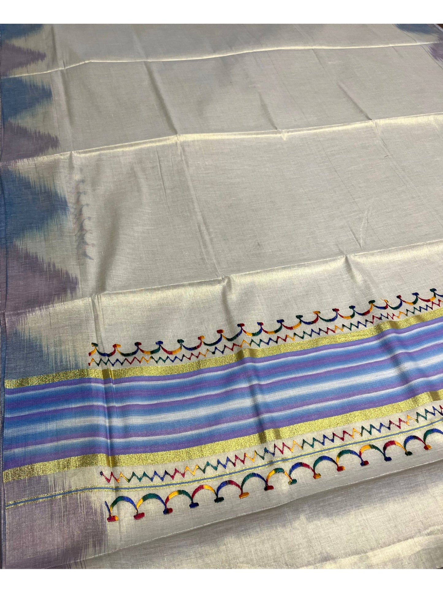 Southloom Kerala Tissue Kasavu Saree with Multi Colour Pochampally Design on Borders and Kara