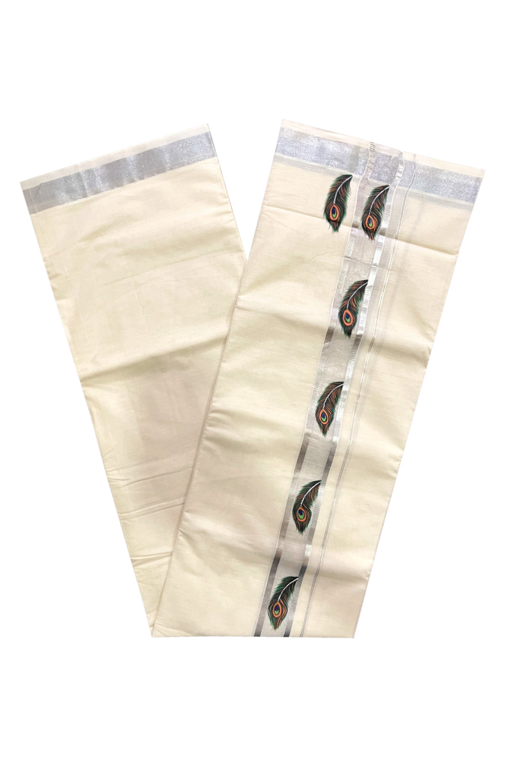 Pure Cotton Kerala Double Mundu with Silver Kasavu Hand Painted Design Border (South Indian Kerala Dhoti)