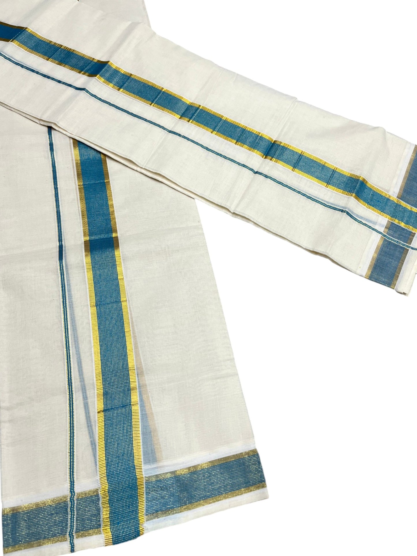 Southloom Pure Cotton Kerala Kasavu Set Mundu (Mundum Neriyathum) Kasavu & Blue Border in 2.80 Mtrs SLKK SL470