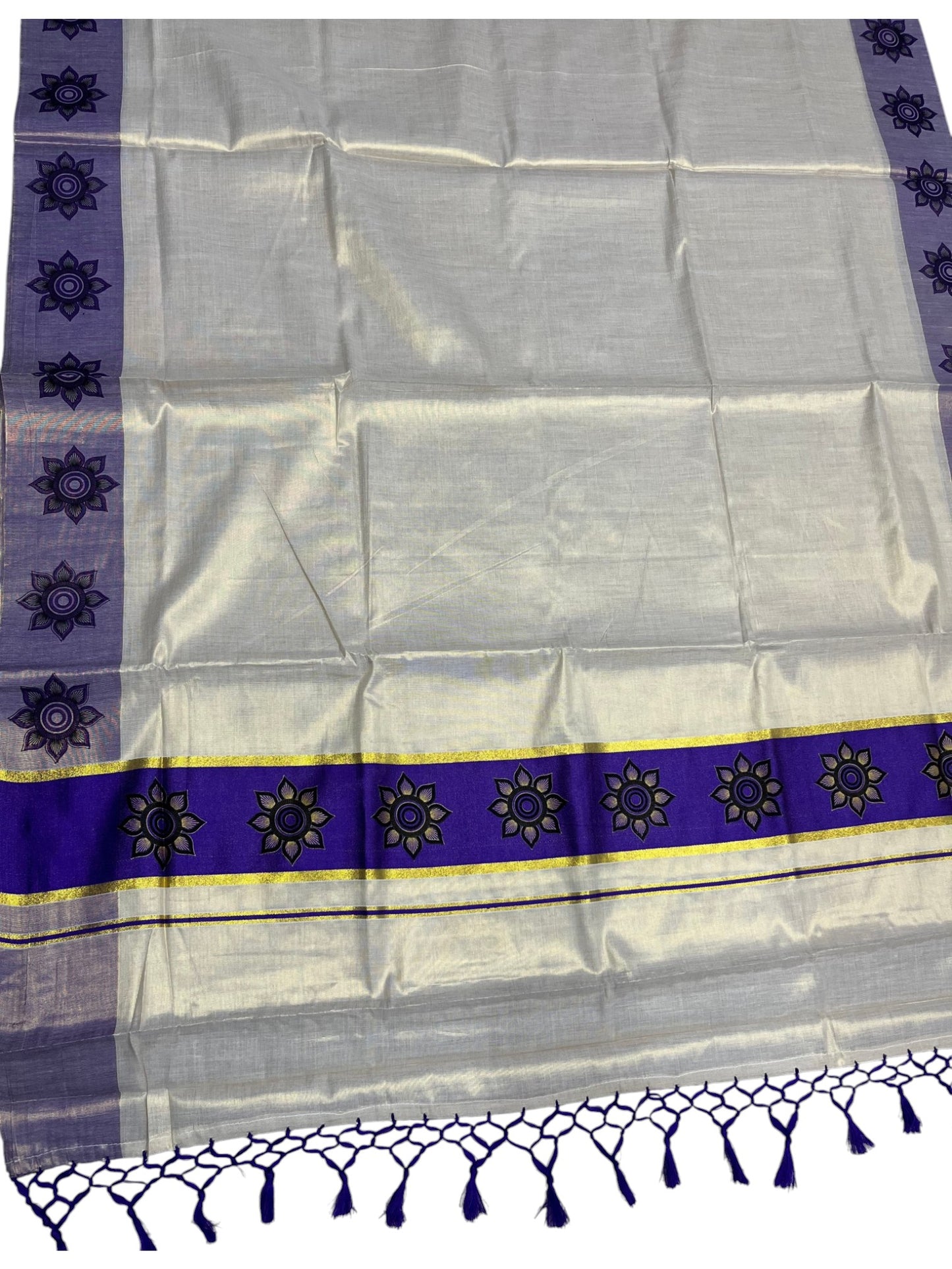 Southloom Kerala Tissue Kasavu Saree with Floral Block Prints in Blue Border