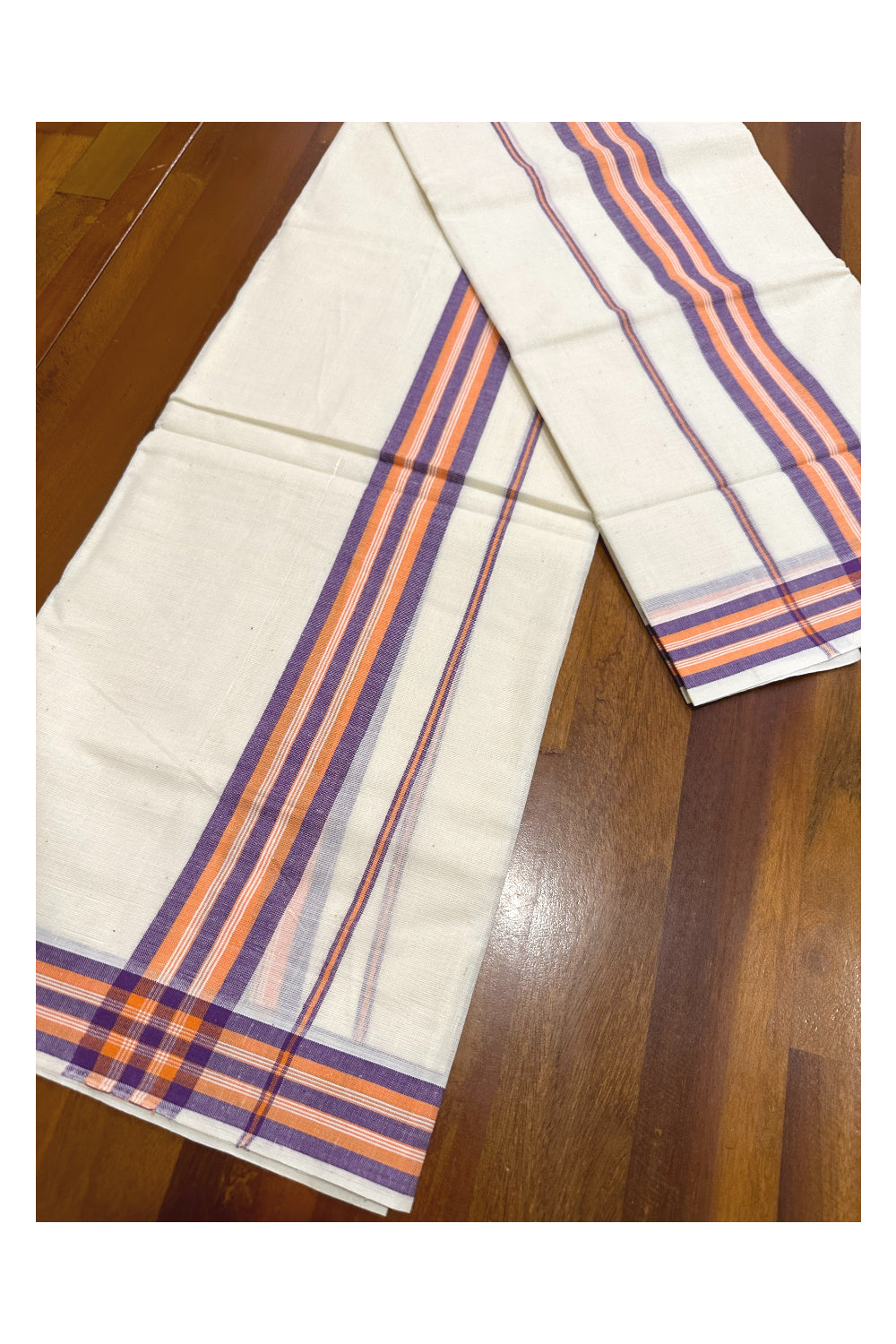 Kerala Mulloth Soft Cotton Mundum Neriyathum Single with Violet and Orange Border (Onam Set Mundu 2023)