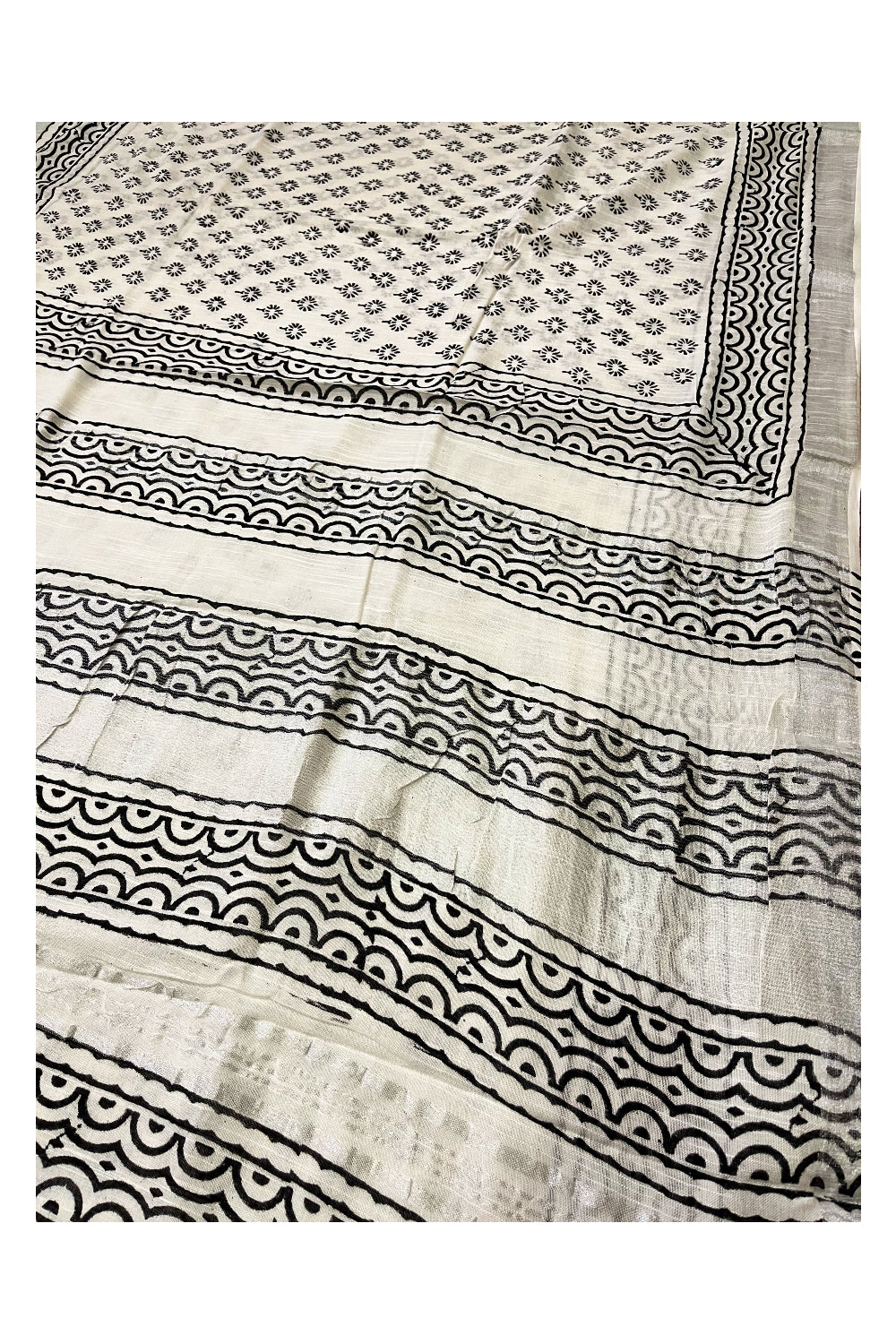 Southloom Linen Pure White Designer Saree with Black Prints and Tassels