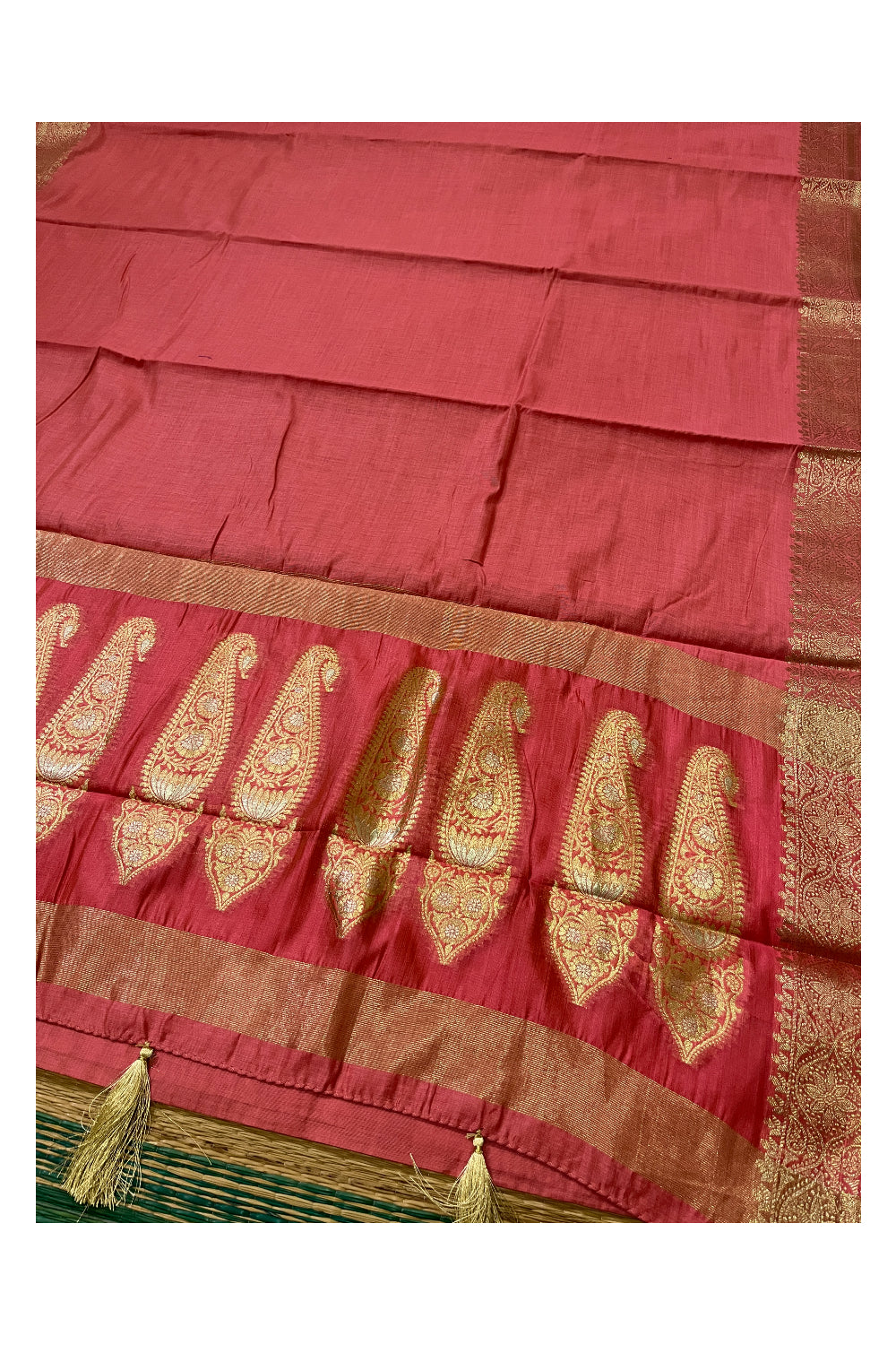 Southloom Cotton Plain Brick Red Saree with Kasavu Woven Border