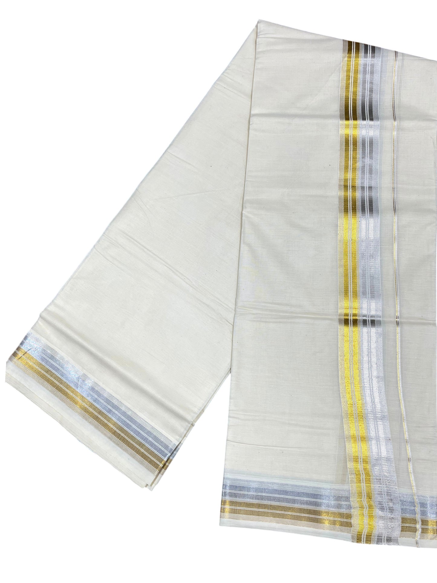 Southloom Kerala Pure Cotton Double Mundu with Silver & Gold Line Border (South Indian Dhoti)
