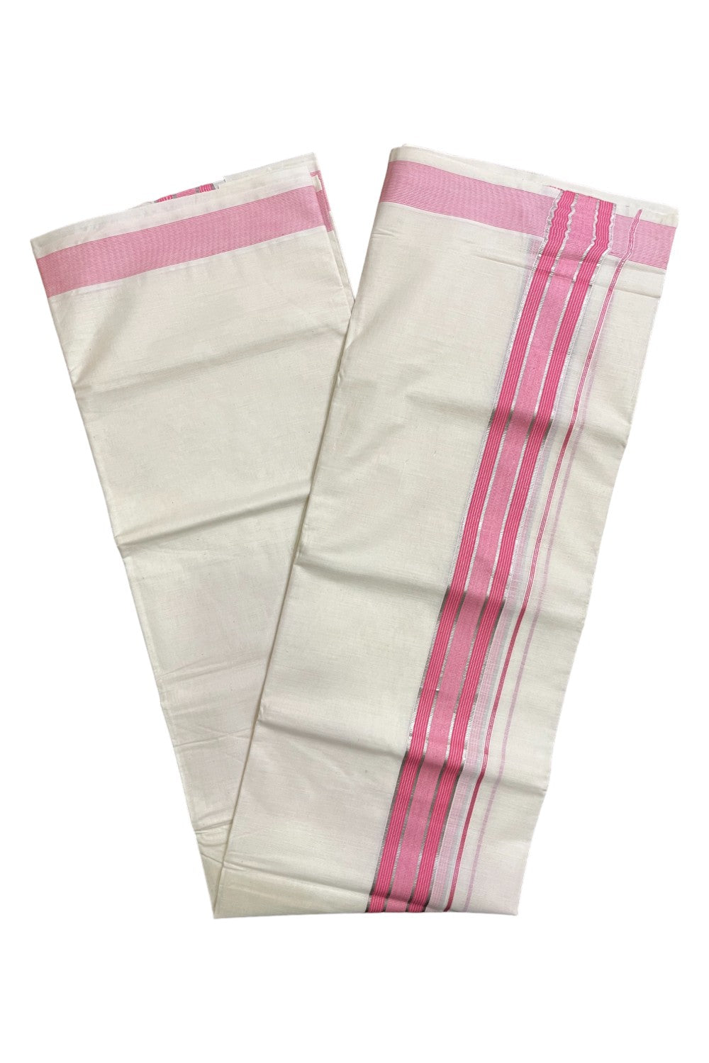 Off White Pure Cotton Double Mundu with Silver Kasavu Lines and Pink Border (South Indian Dhoti)