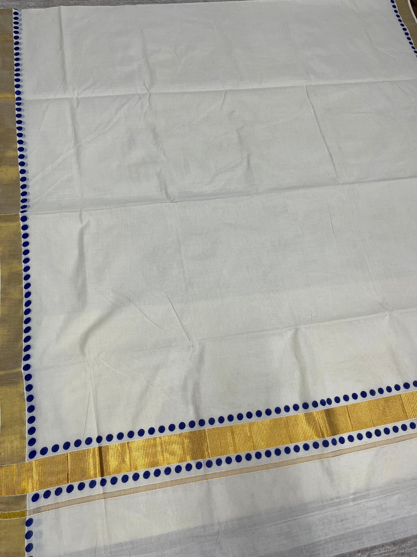 Southloom Cotton Kerala Kasavu Saree with Blue Polk Dots Design Border