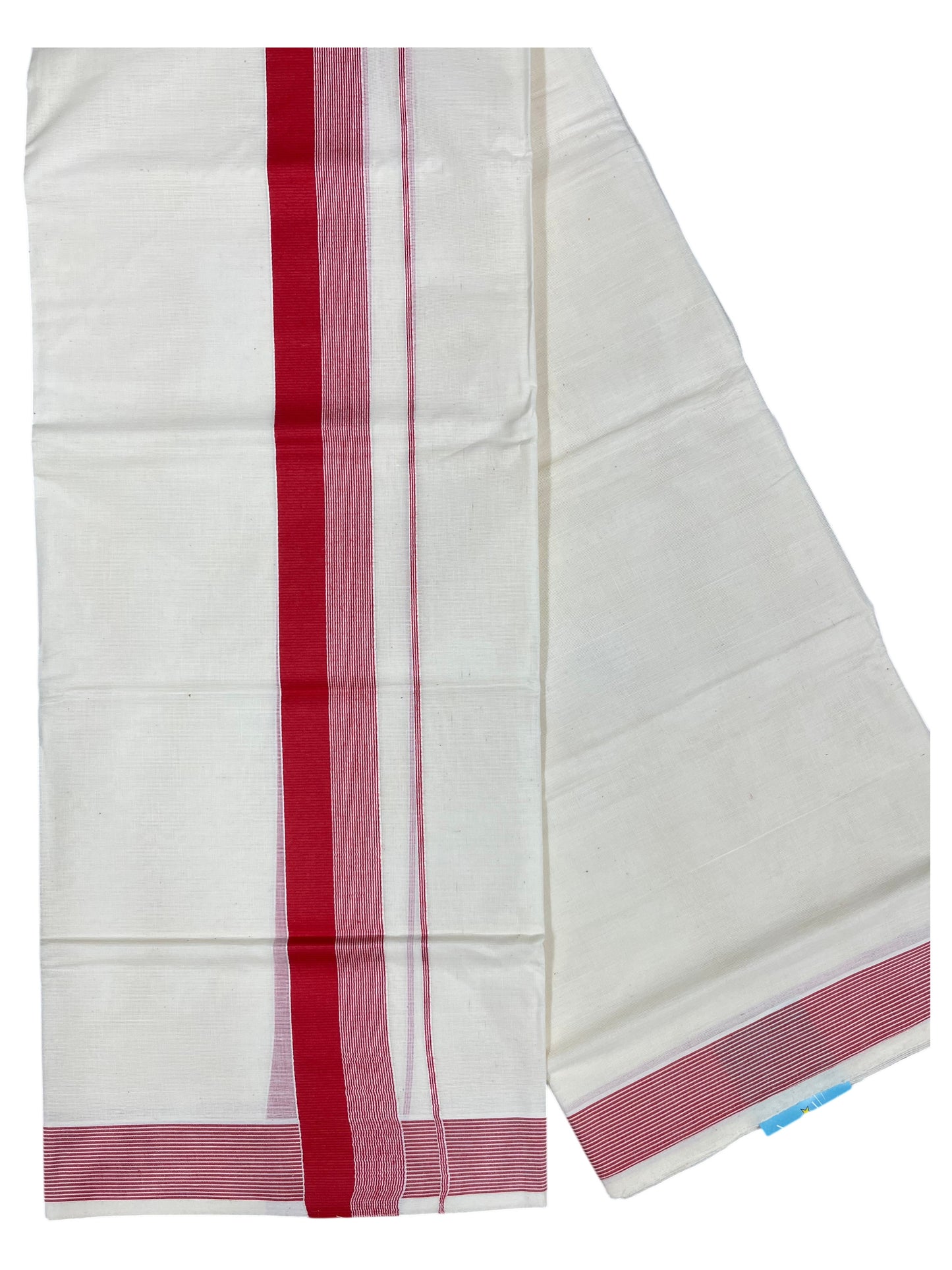 Southloom Kerala Pure Cotton Double Mundu with Red Lines And Red Border (South Indian Kerala Dhoti)