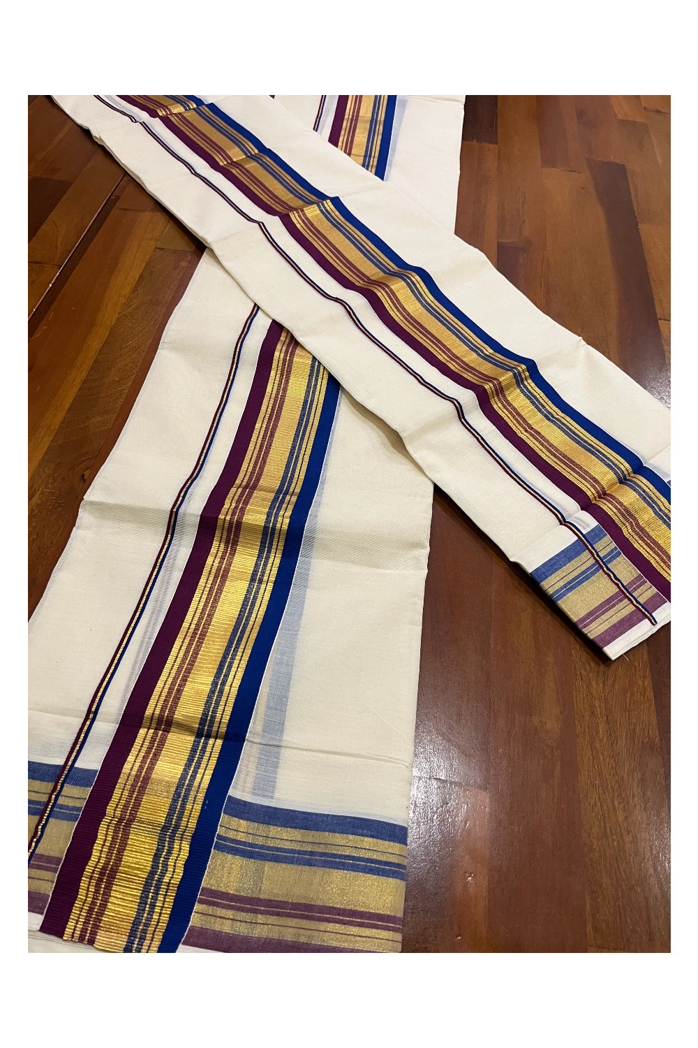 Pure Cotton Mundum Neriyathum Double (Set Mundu) with Purple Blue and Kasavu Border 2.80 Mtrs