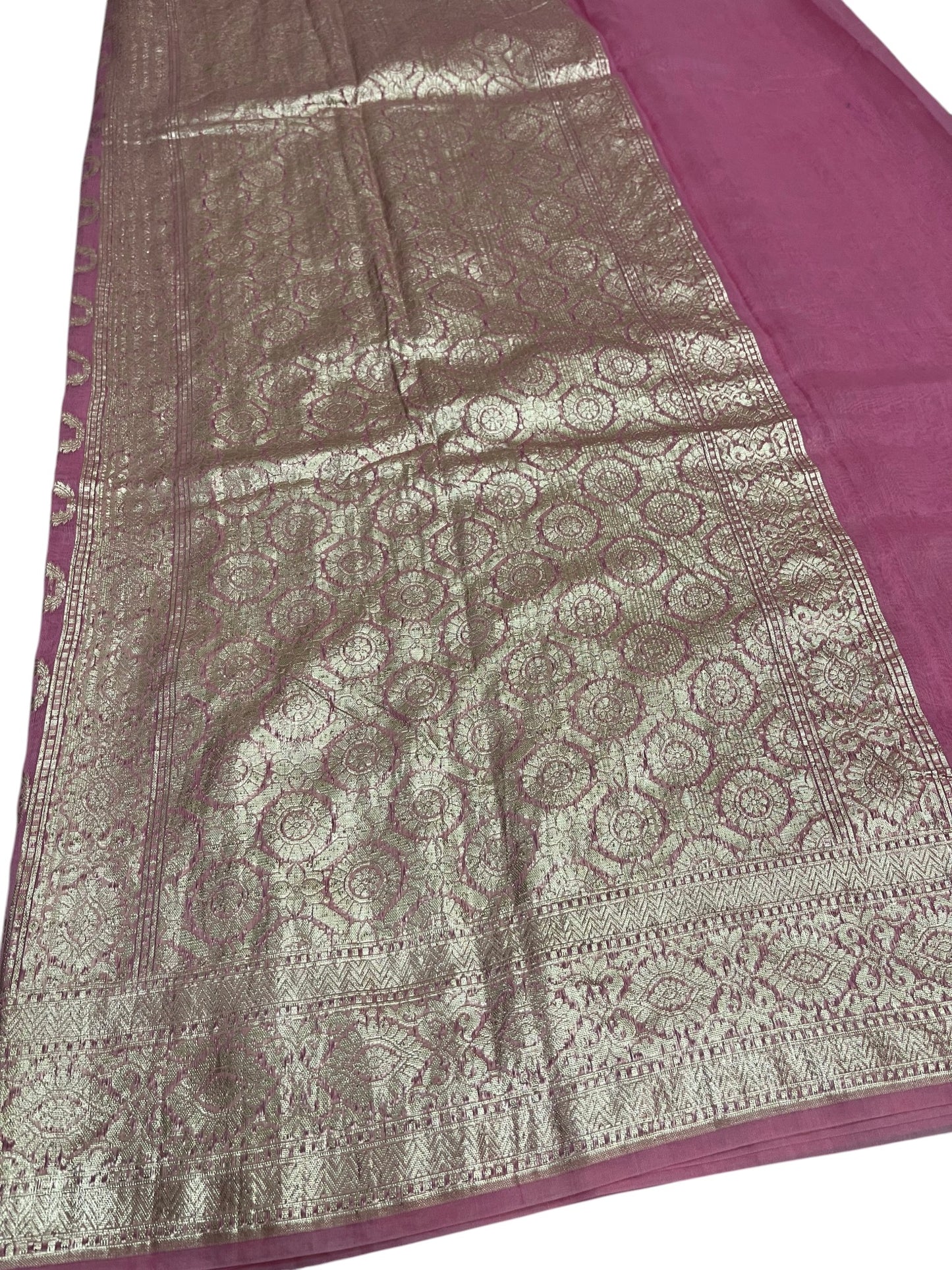 Southloom Cotton Banarasi Silk Saree with Woven Work on Body and Borders (Pink)