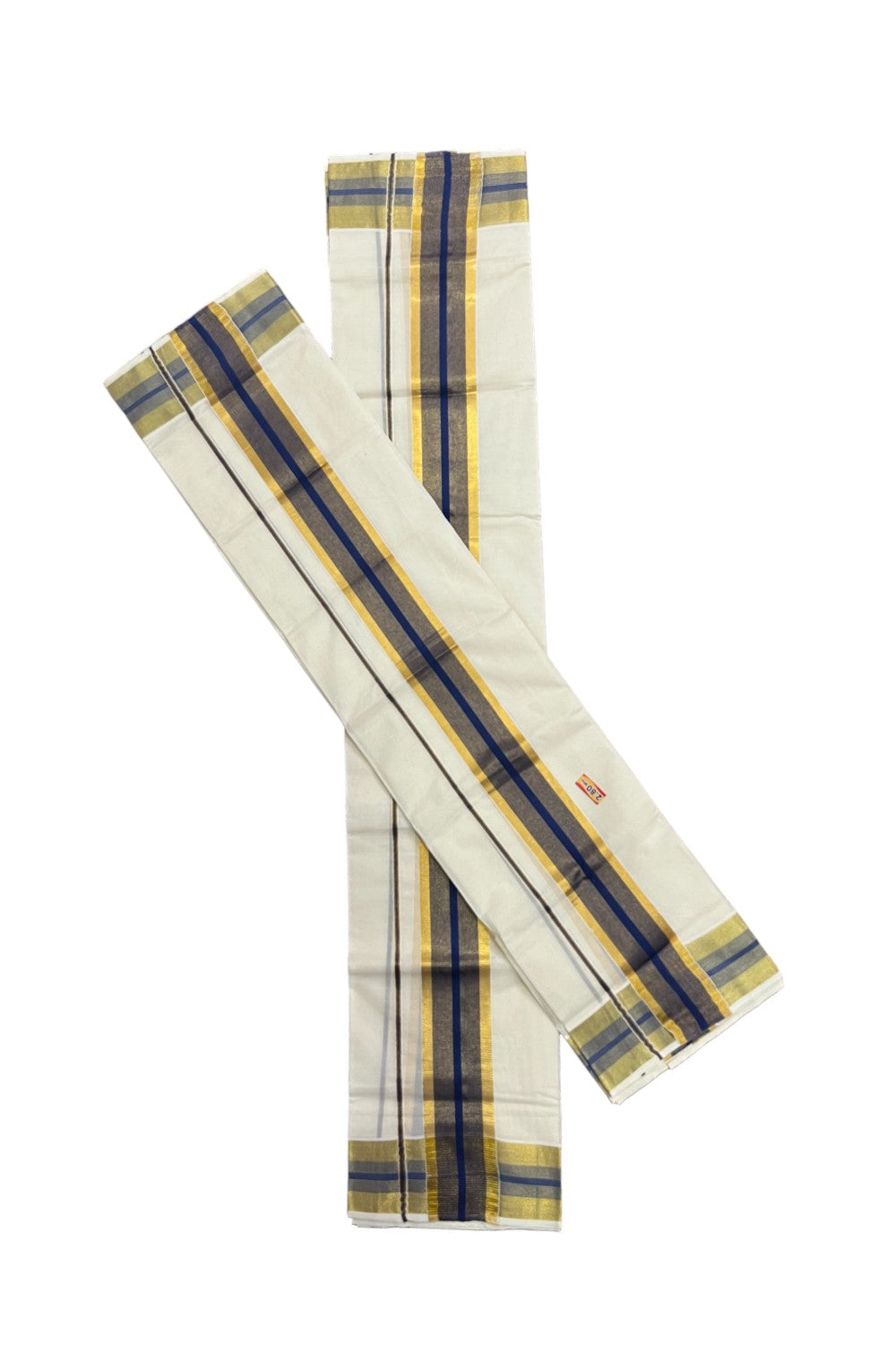 Kerala Cotton Set Mundu (Mundum Neriyathum) with Blue and Kasavu Border 2.80 Mtrs